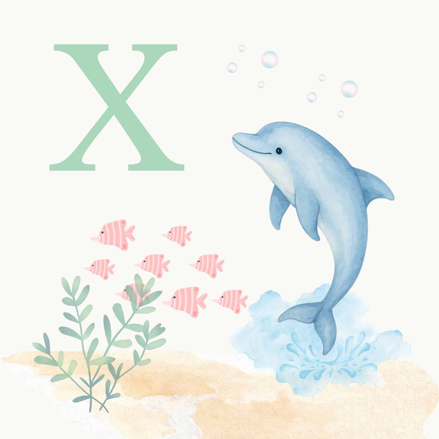 Dolphin Coastal Alphabet Printable Art - Green