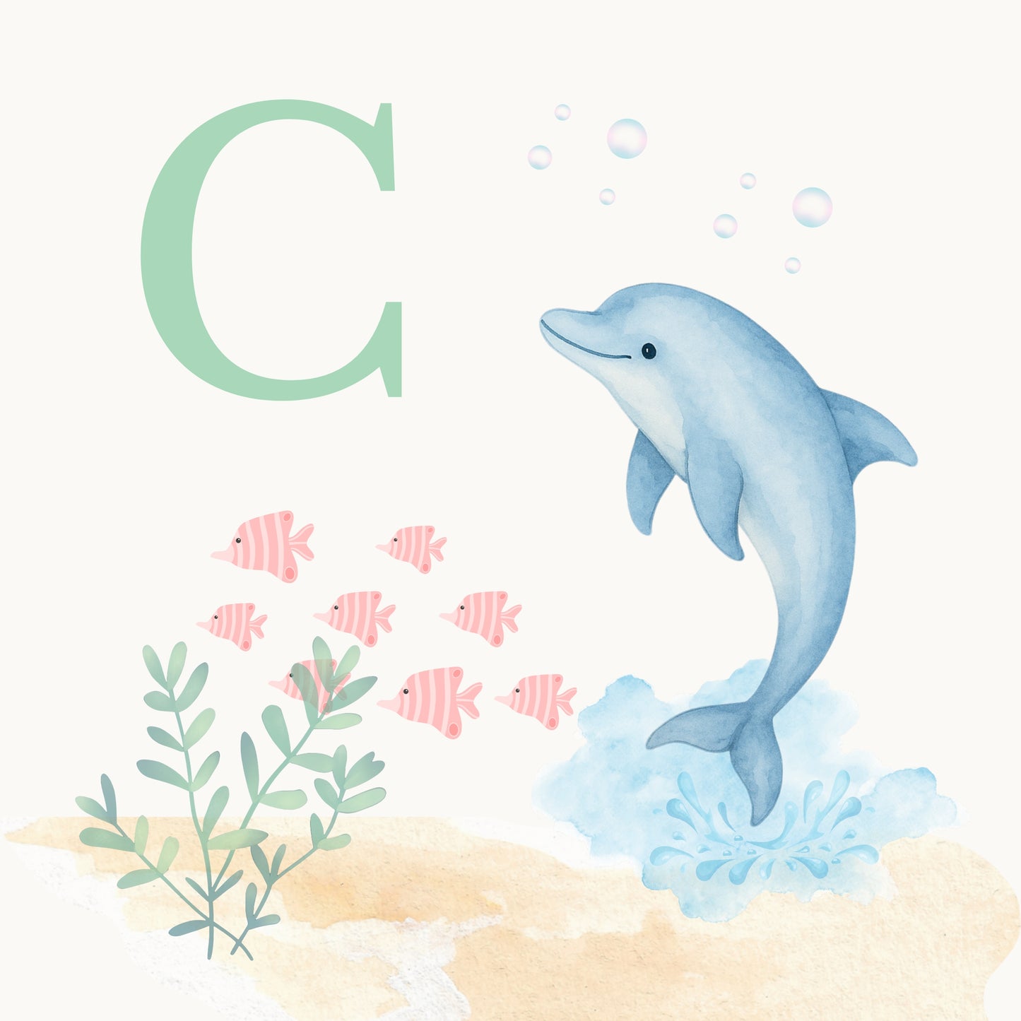 Dolphin Coastal Alphabet Printable Art - Green