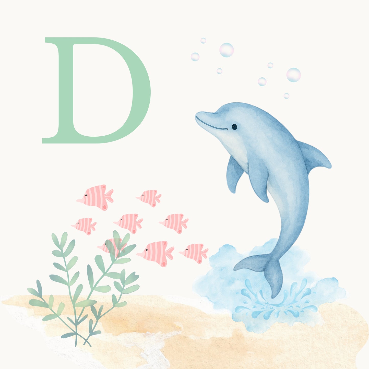 Dolphin Coastal Alphabet Printable Art - Green