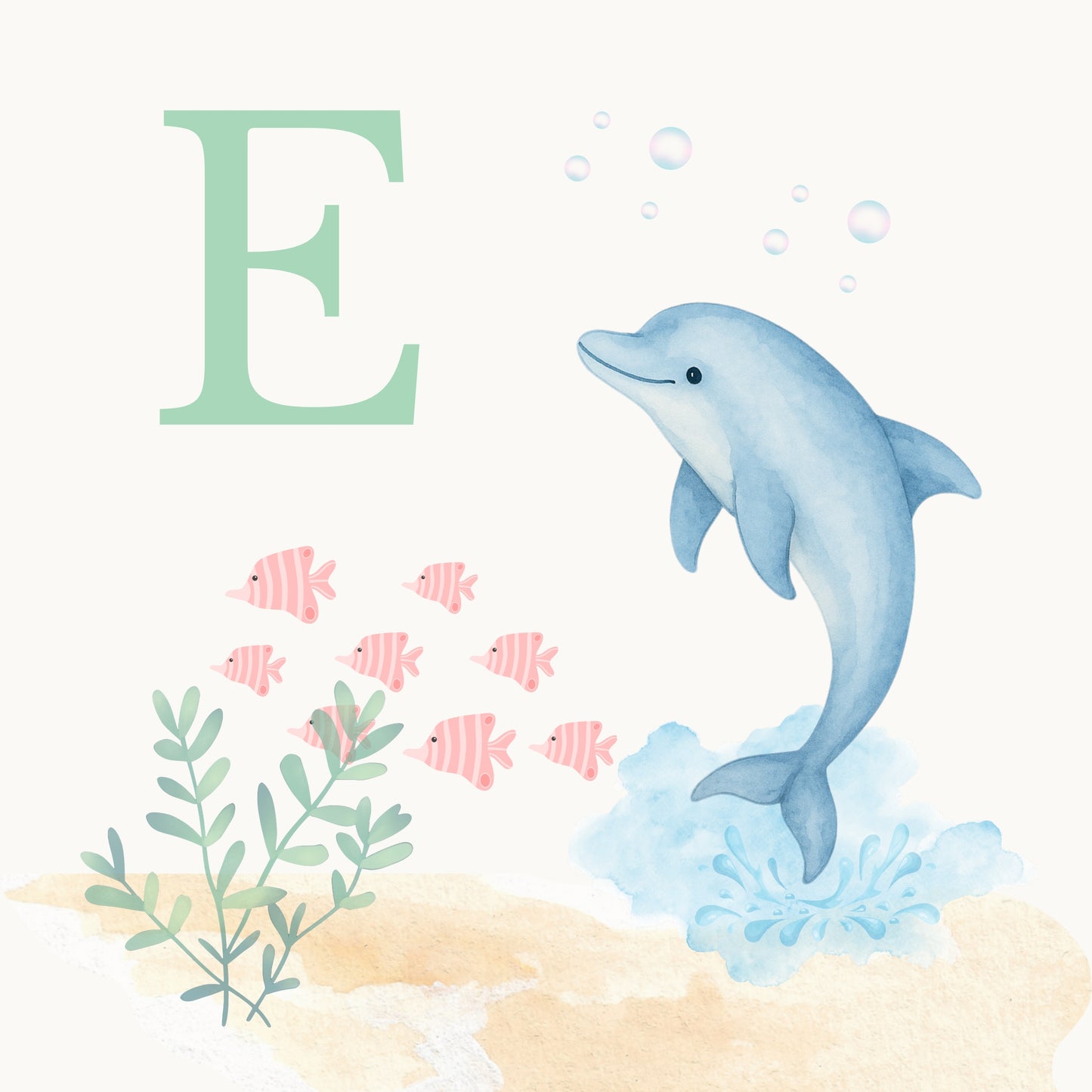Dolphin Coastal Alphabet Printable Art - Green