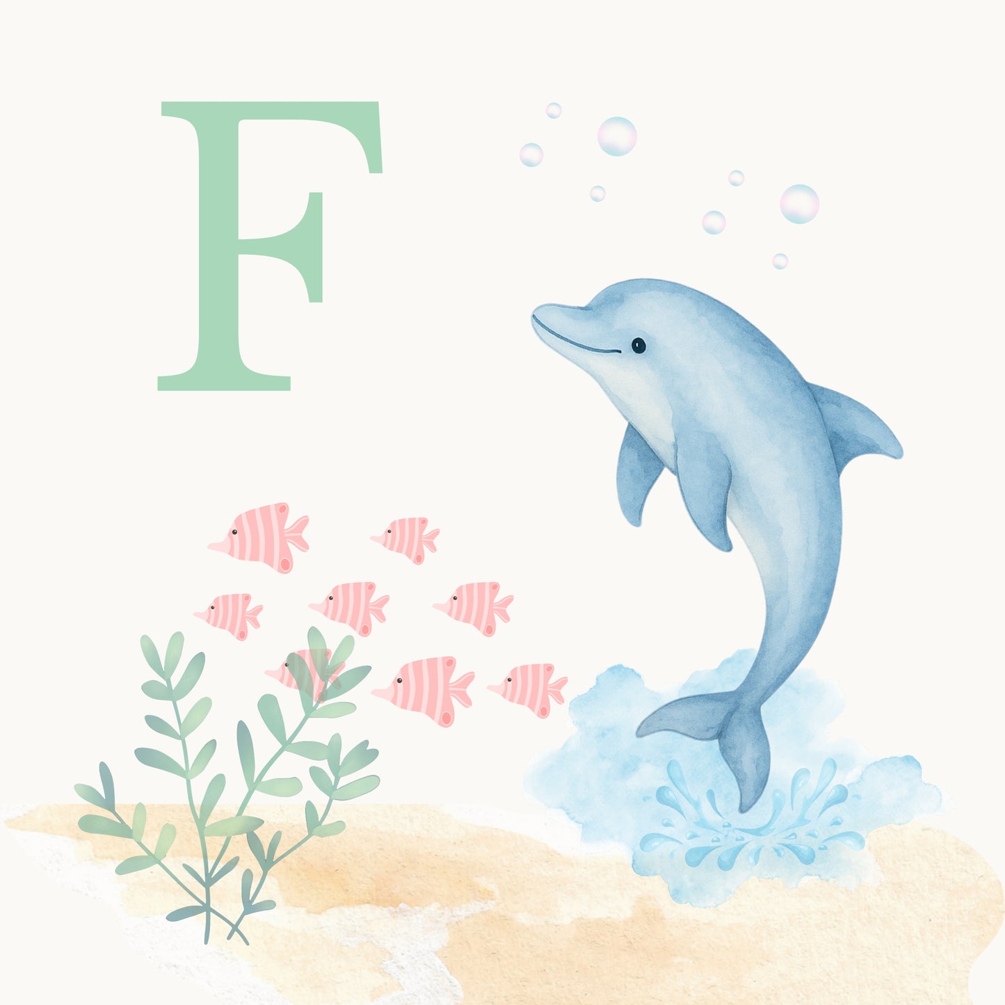 Dolphin Coastal Alphabet Printable Art - Green