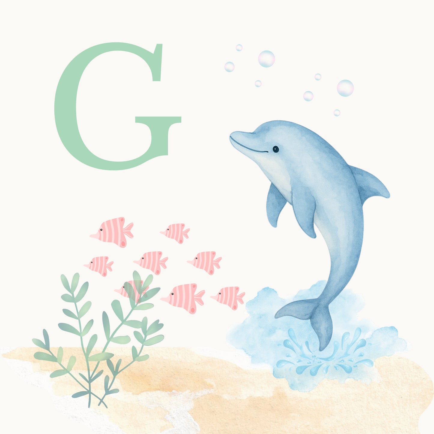 Dolphin Coastal Alphabet Printable Art - Green