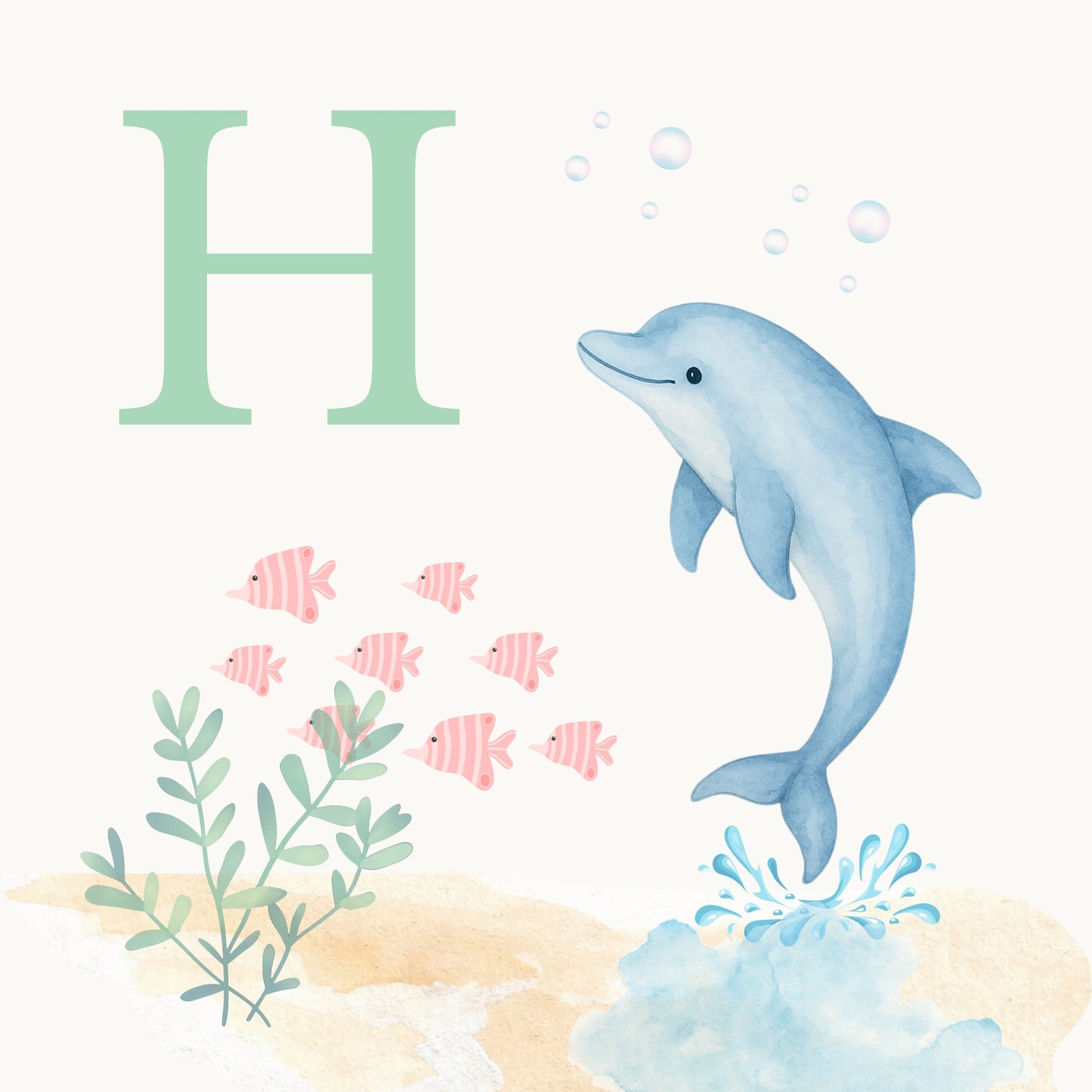 Dolphin Coastal Alphabet Printable Art - Green