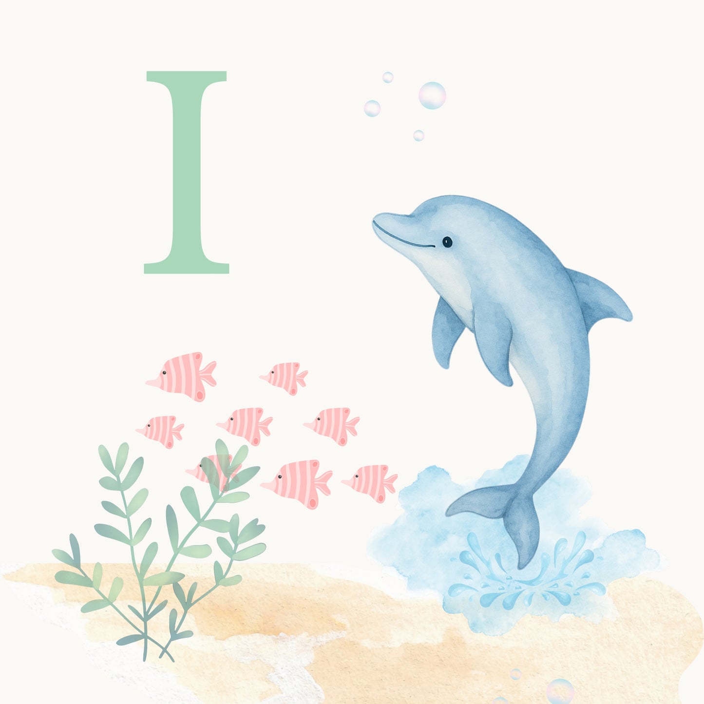 Dolphin Coastal Alphabet Printable Art - Green