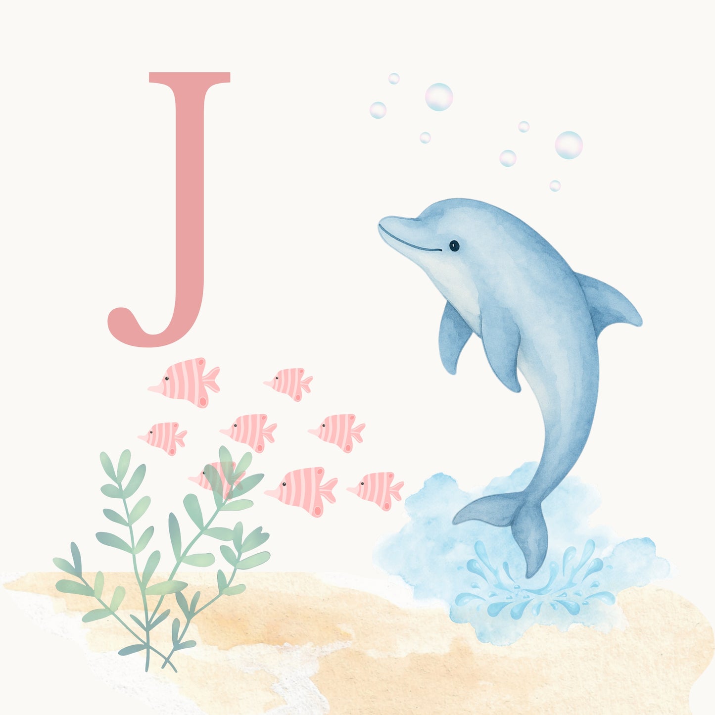 Dolphin Coastal Alphabet Printable Art - Pink
