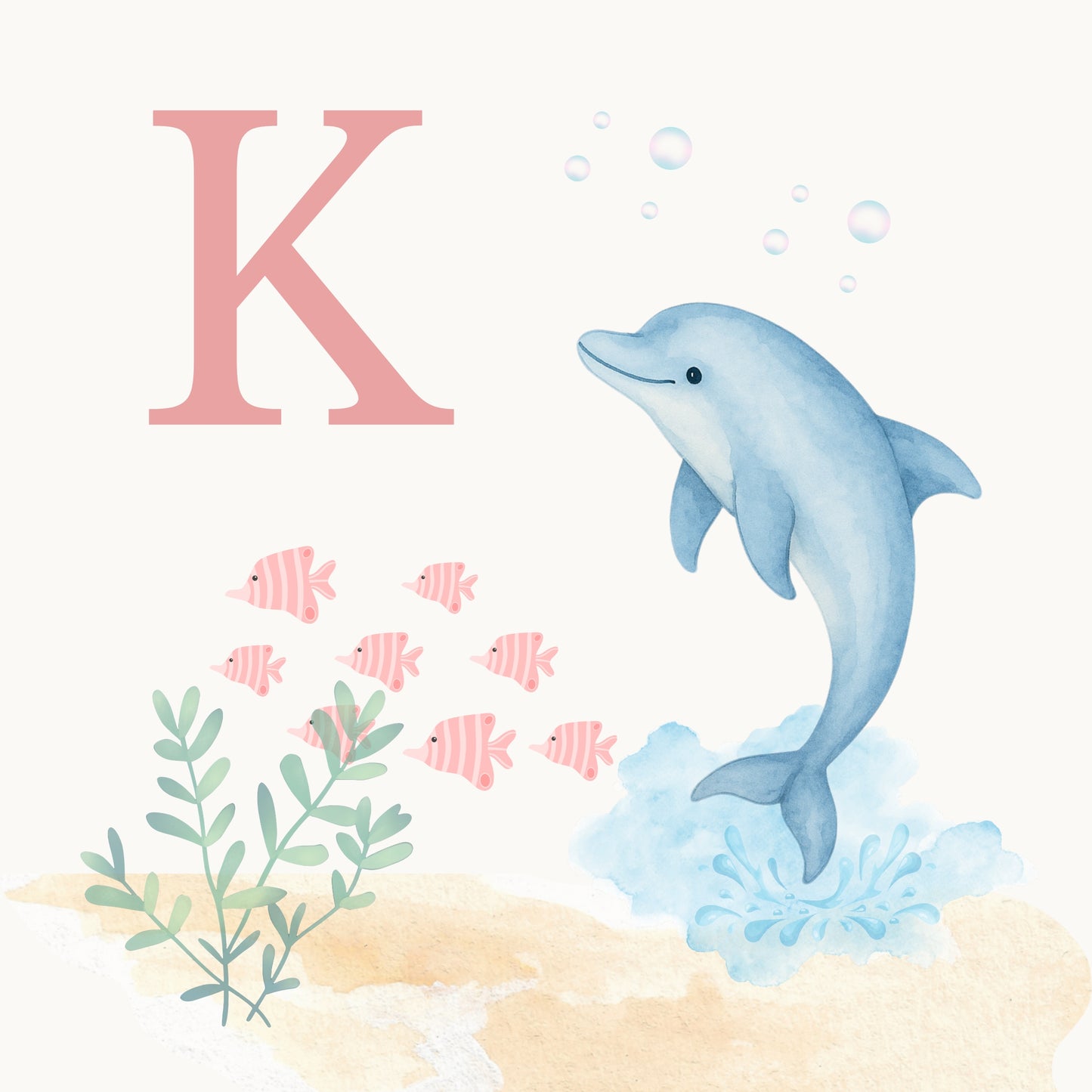 Dolphin Coastal Alphabet Printable Art - Pink