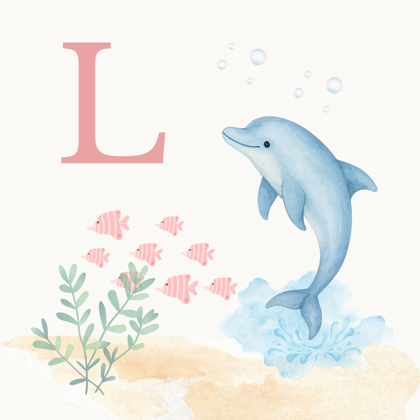 Dolphin Coastal Alphabet Printable Art - Pink