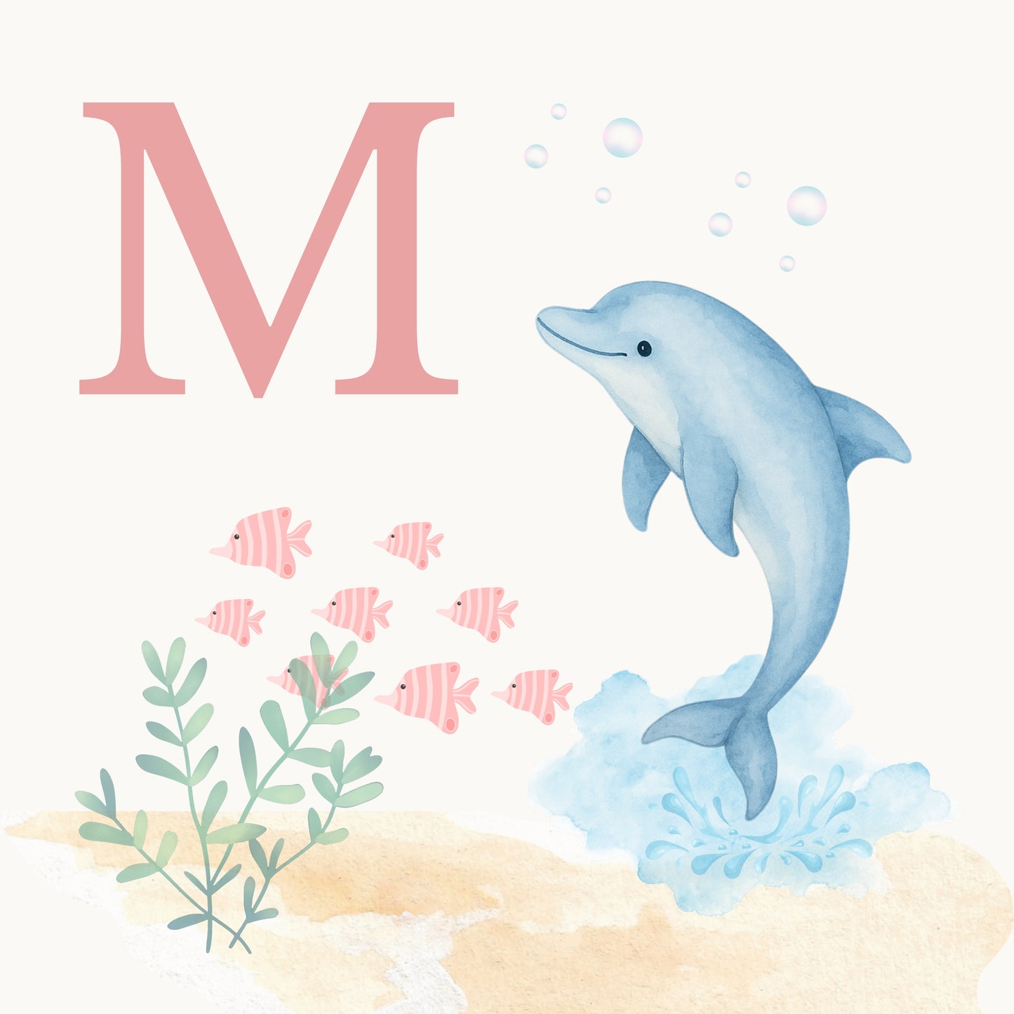 Dolphin Coastal Alphabet Printable Art - Pink