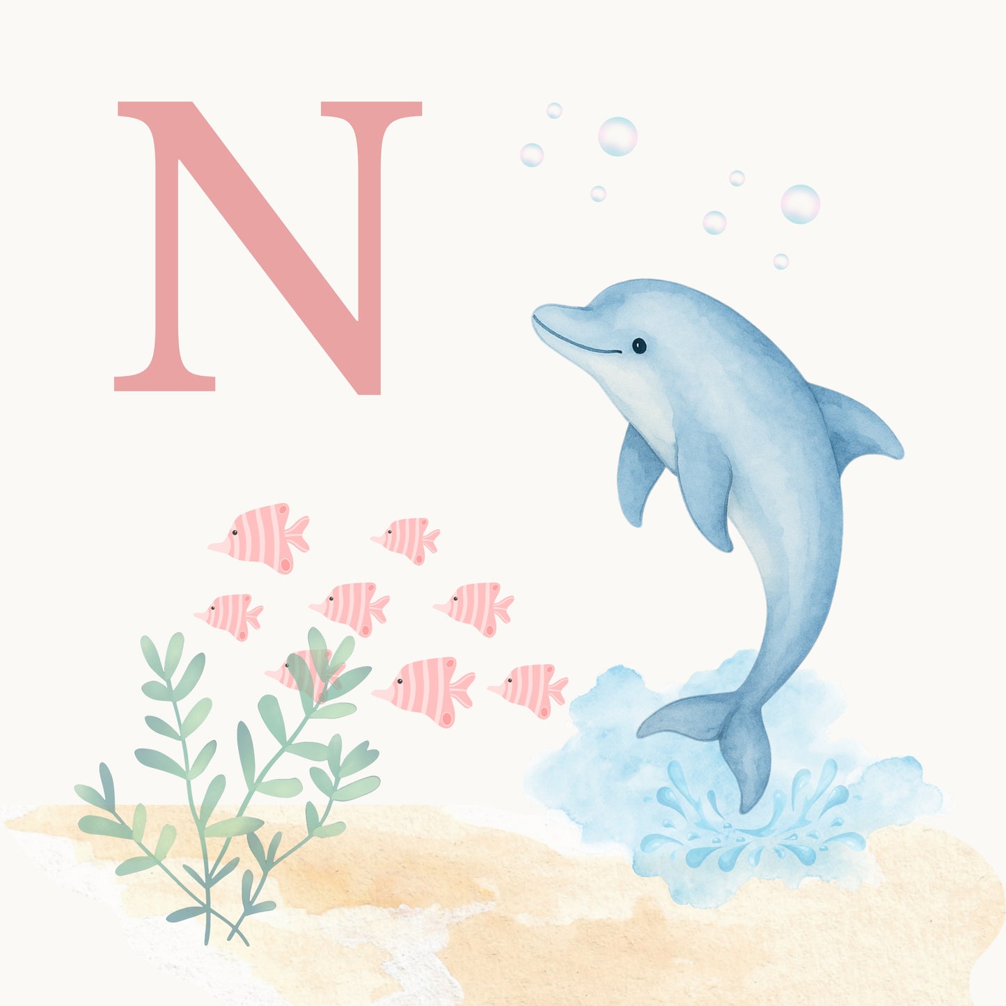 Dolphin Coastal Alphabet Printable Art - Pink