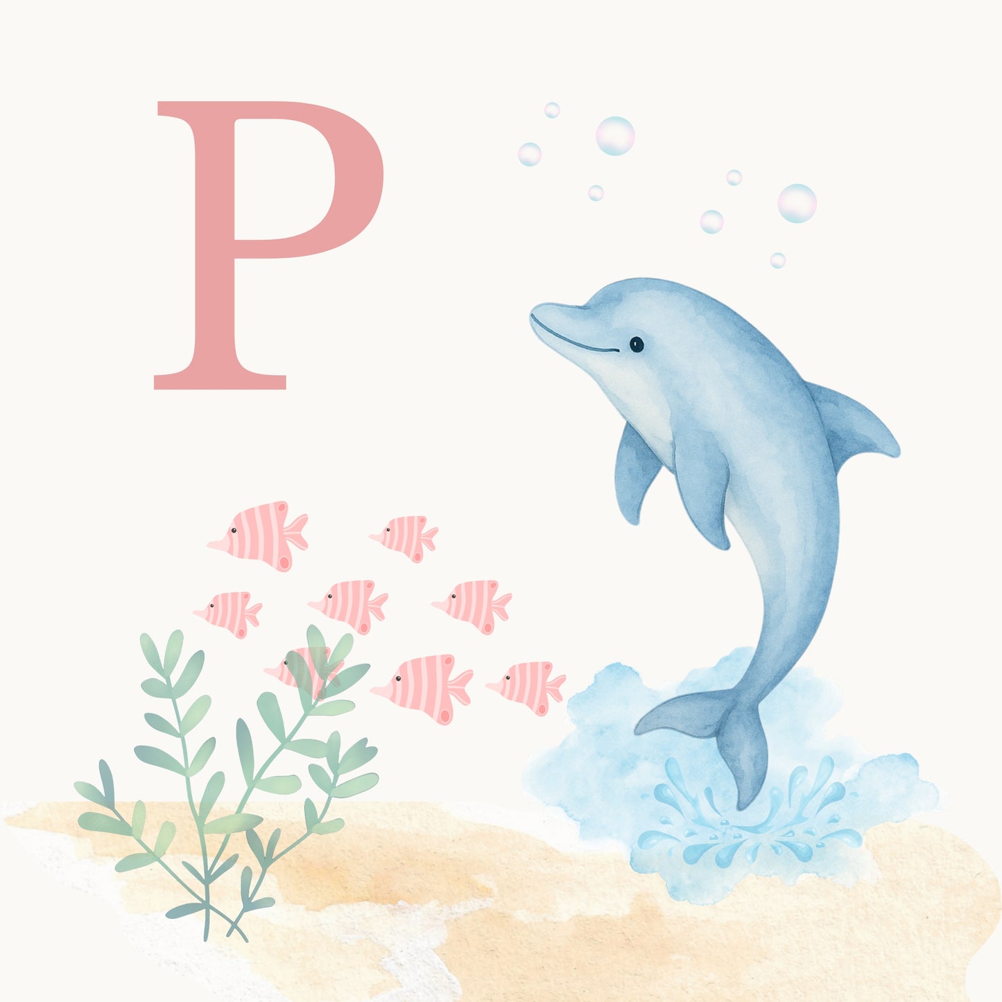Dolphin Coastal Alphabet Printable Art - Pink
