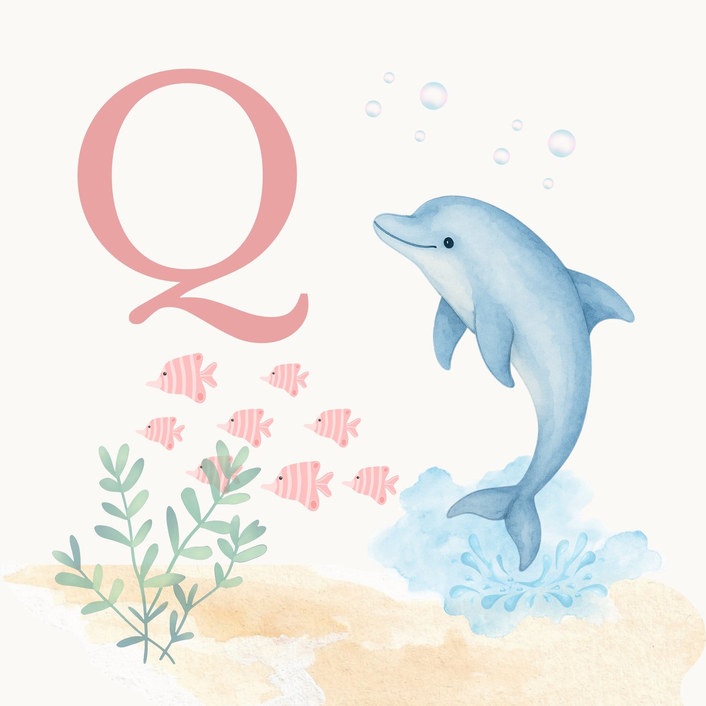 Dolphin Coastal Alphabet Printable Art - Pink