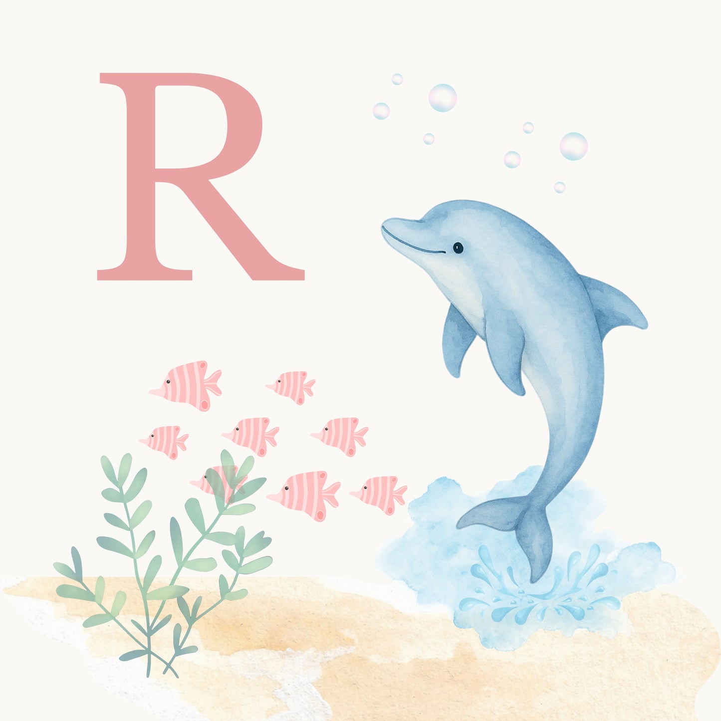 Dolphin Coastal Alphabet Printable Art - Pink