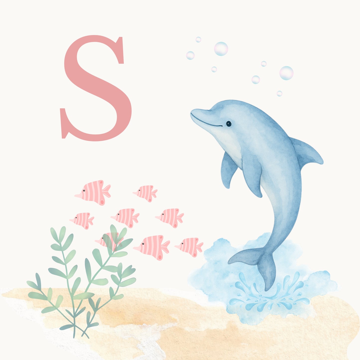 Dolphin Coastal Alphabet Printable Art - Pink