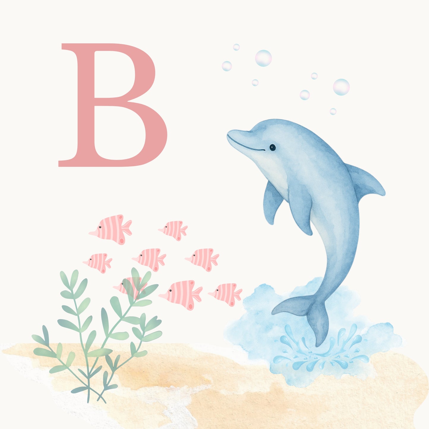 Dolphin Coastal Alphabet Printable Art - Pink
