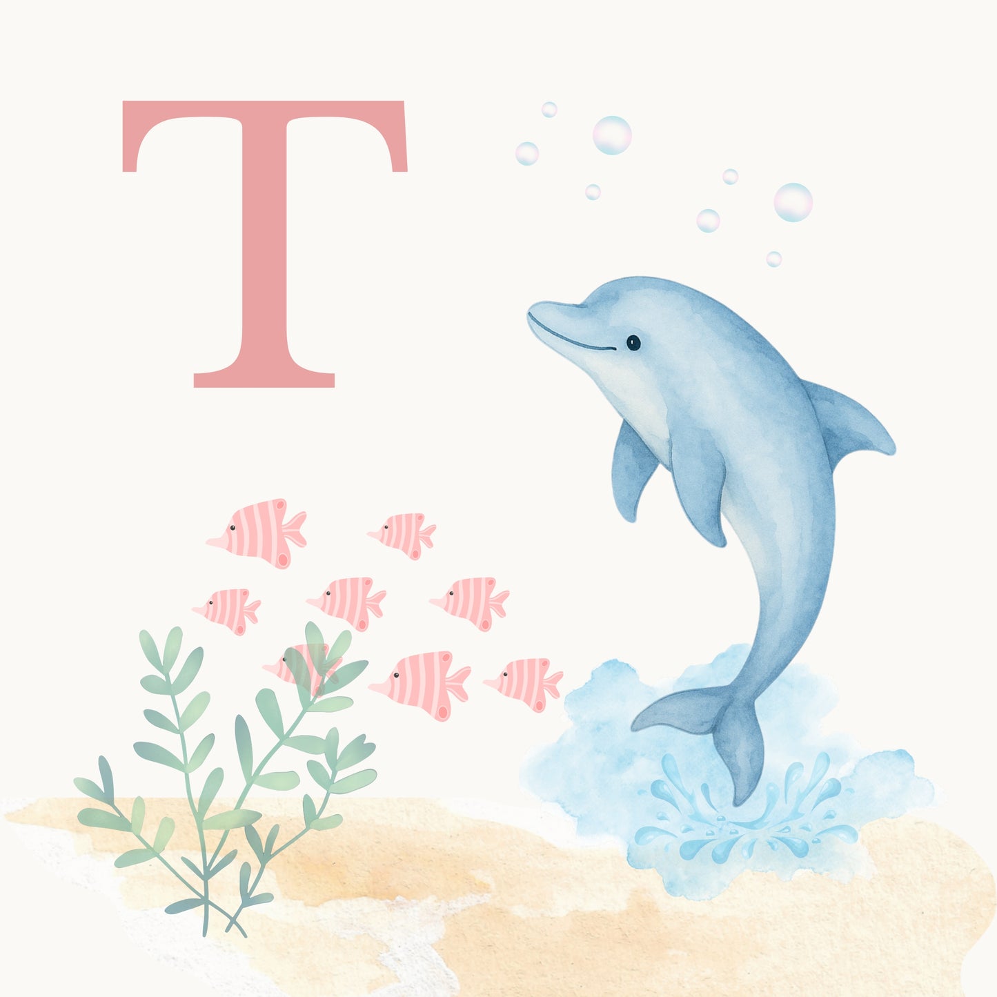 Dolphin Coastal Alphabet Printable Art - Pink