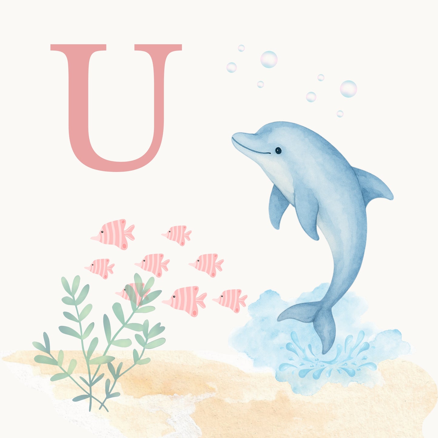 Dolphin Coastal Alphabet Printable Art - Pink