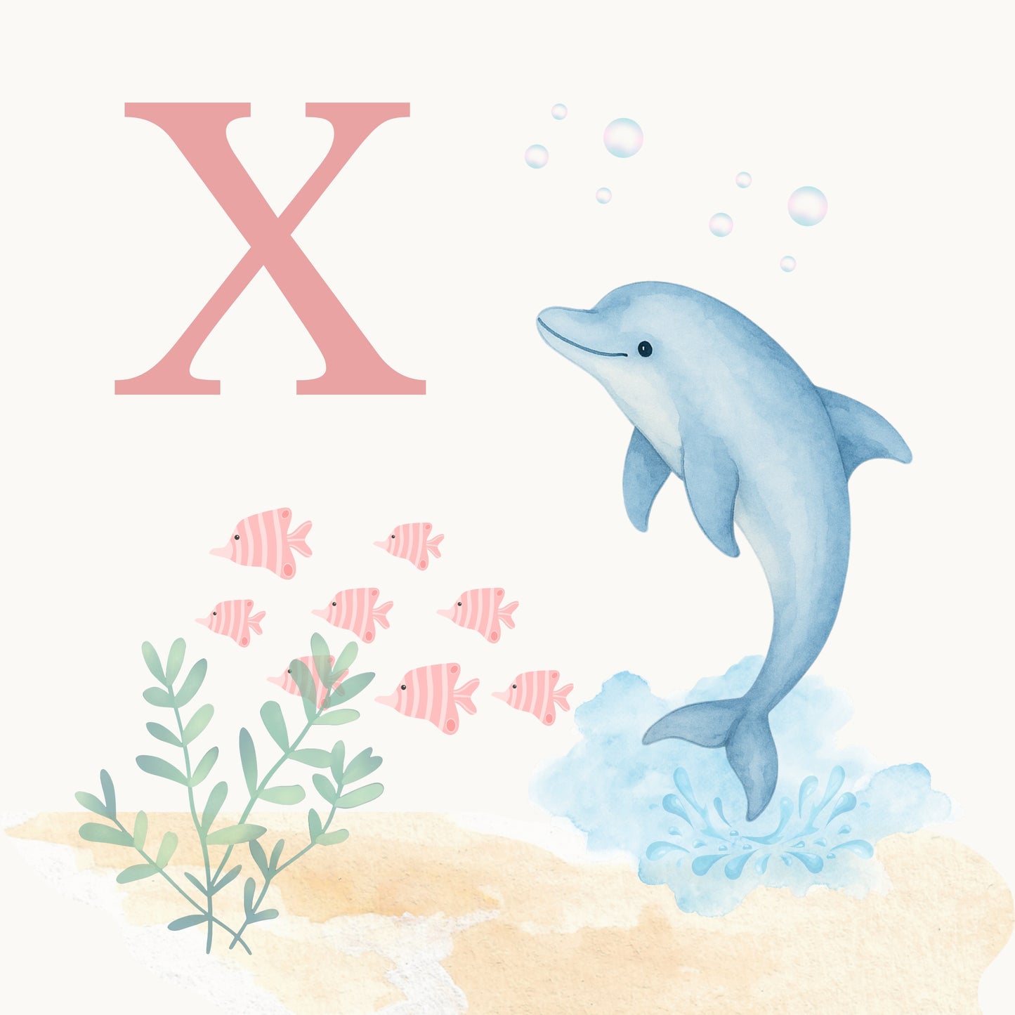 Dolphin Coastal Alphabet Printable Art - Pink