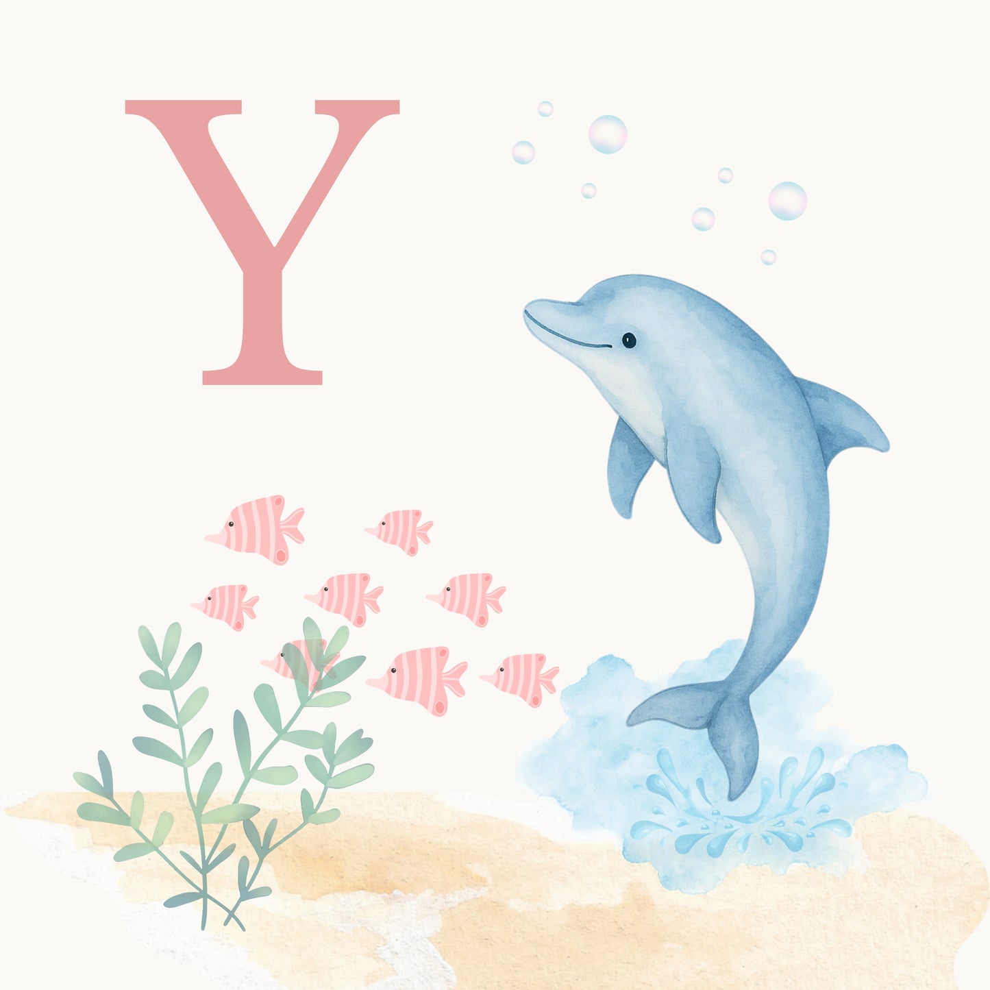 Dolphin Coastal Alphabet Printable Art - Pink