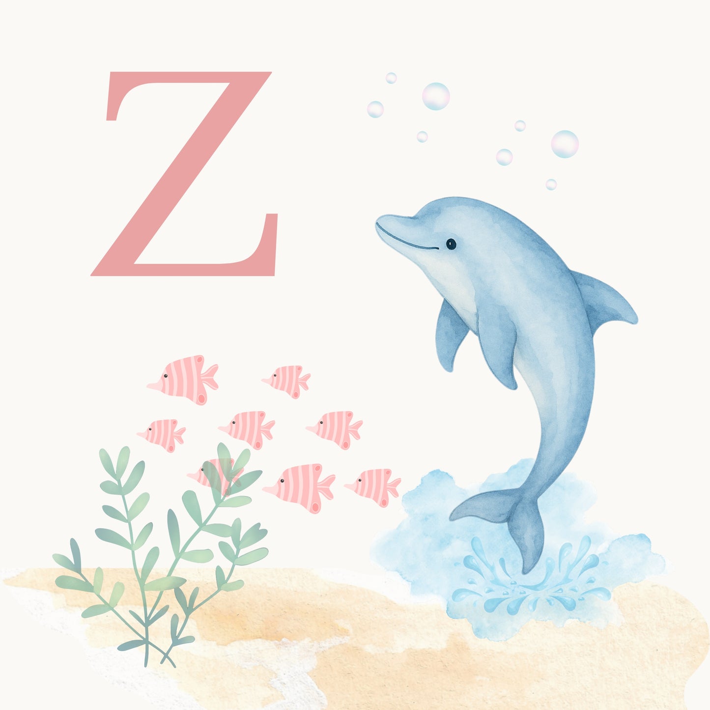 Dolphin Coastal Alphabet Printable Art - Pink