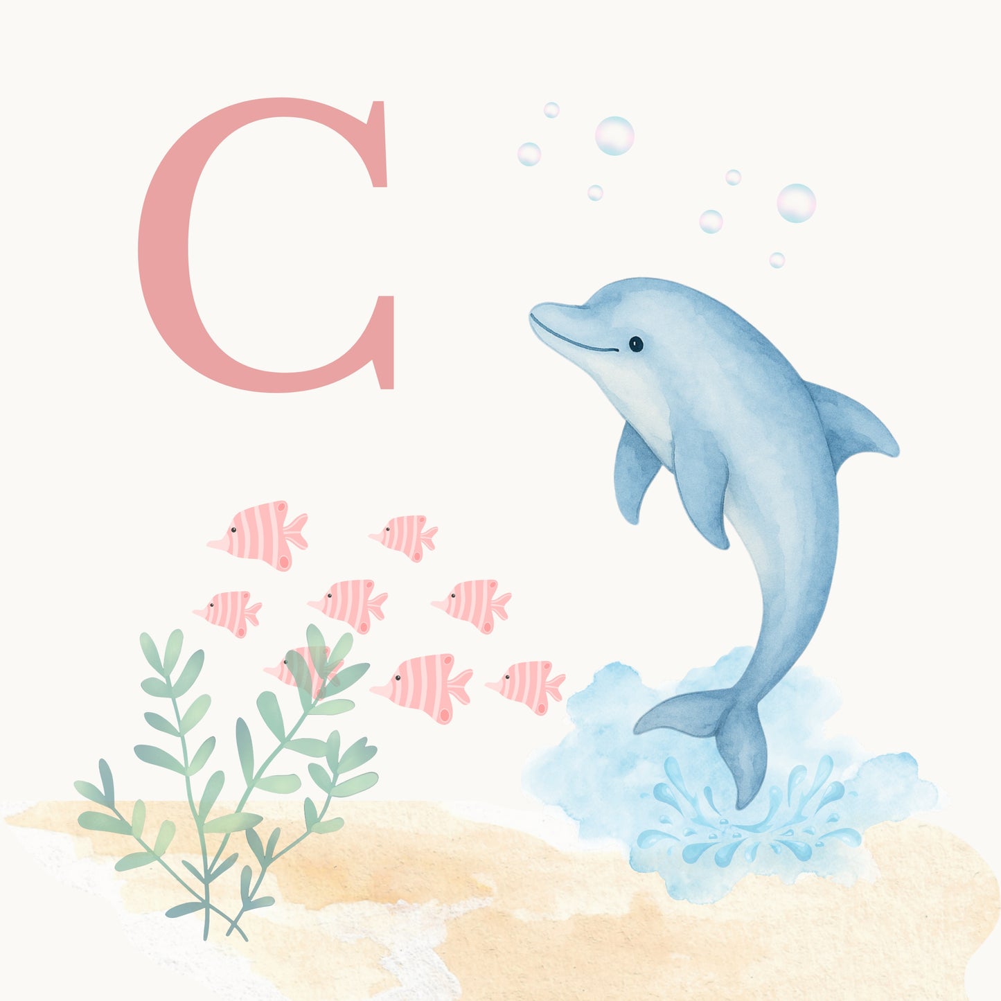 Dolphin Coastal Alphabet Printable Art - Pink