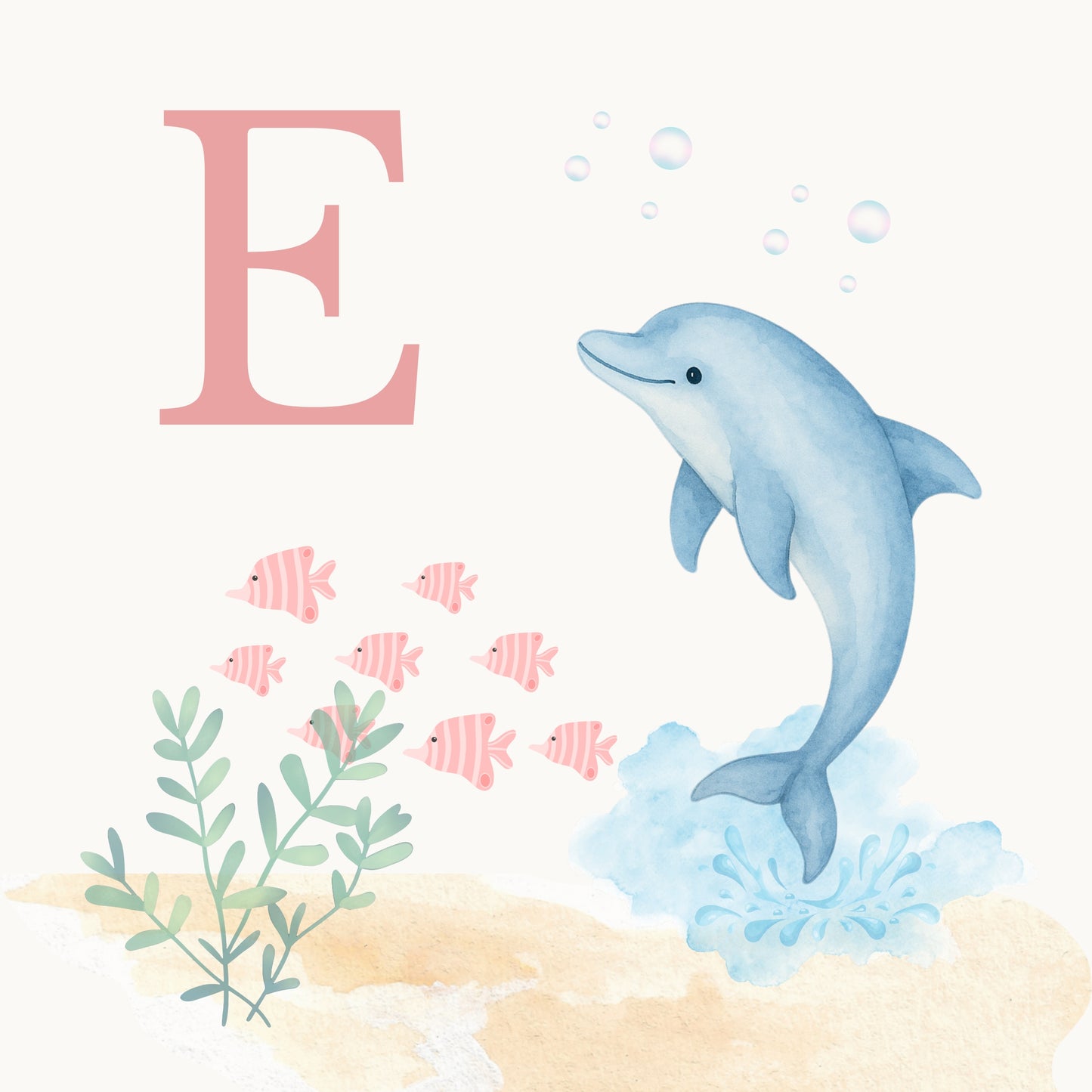 Dolphin Coastal Alphabet Printable Art - Pink