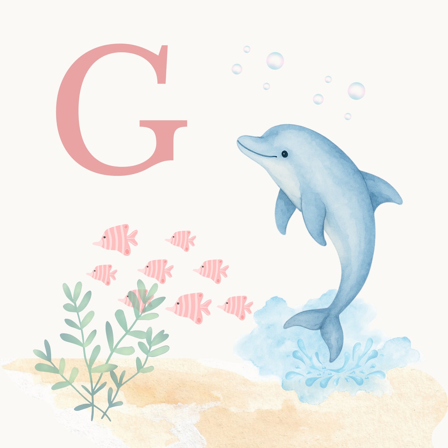 Dolphin Coastal Alphabet Printable Art - Pink