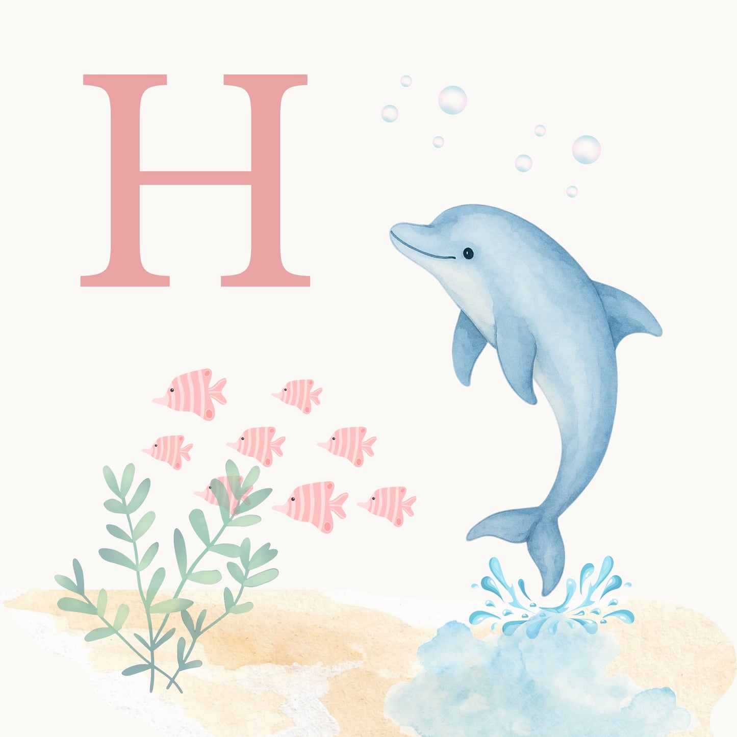 Dolphin Coastal Alphabet Printable Art - Pink