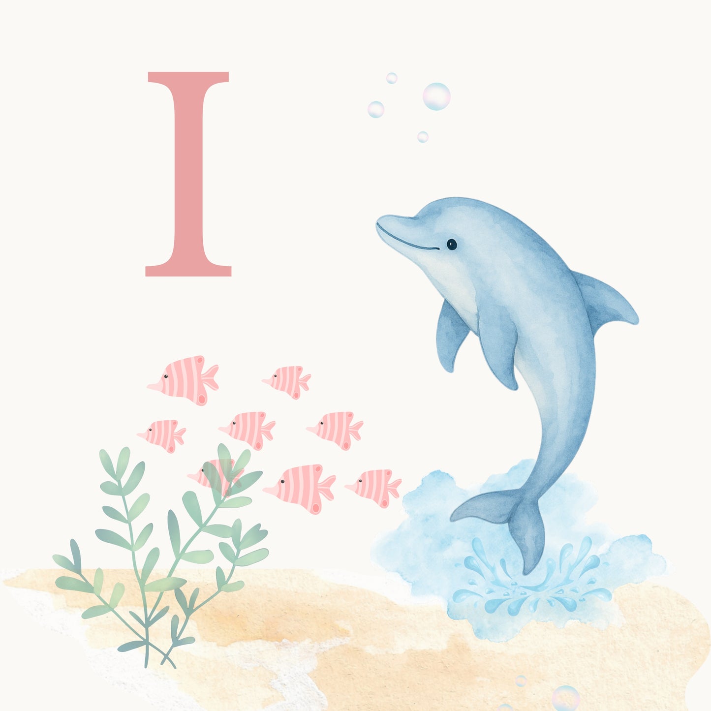 Dolphin Coastal Alphabet Printable Art - Pink