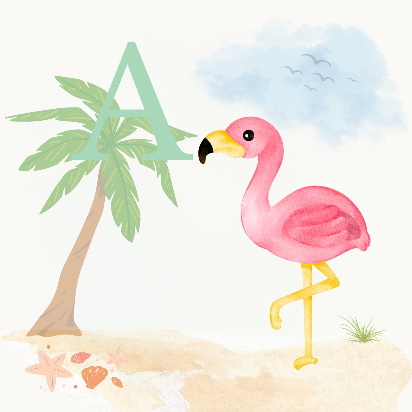 Flamingo Coastal Alphabet Printable Art - Green