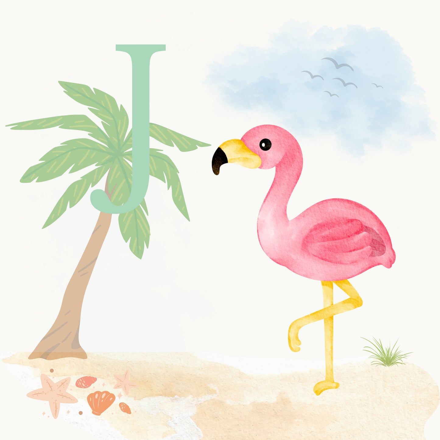Flamingo Coastal Alphabet Printable Art - Green