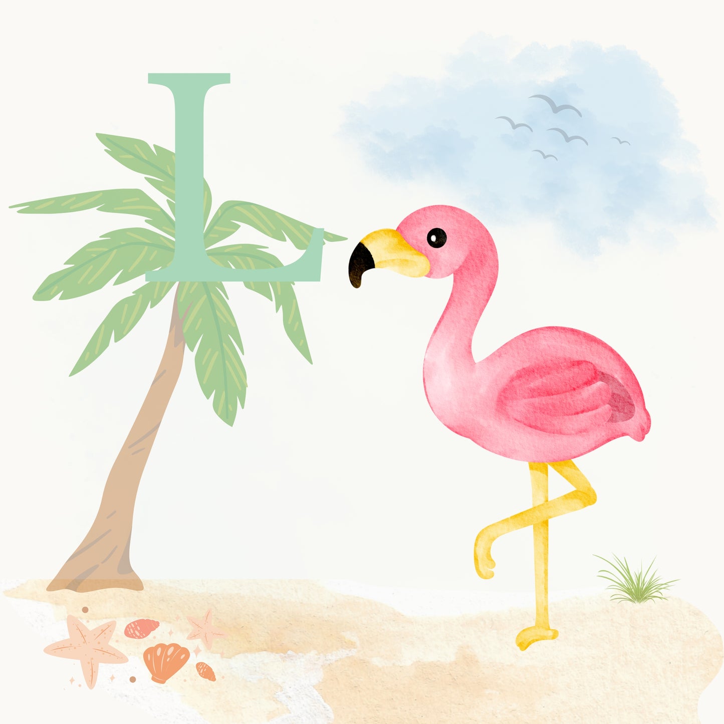 Flamingo Coastal Alphabet Printable Art - Green
