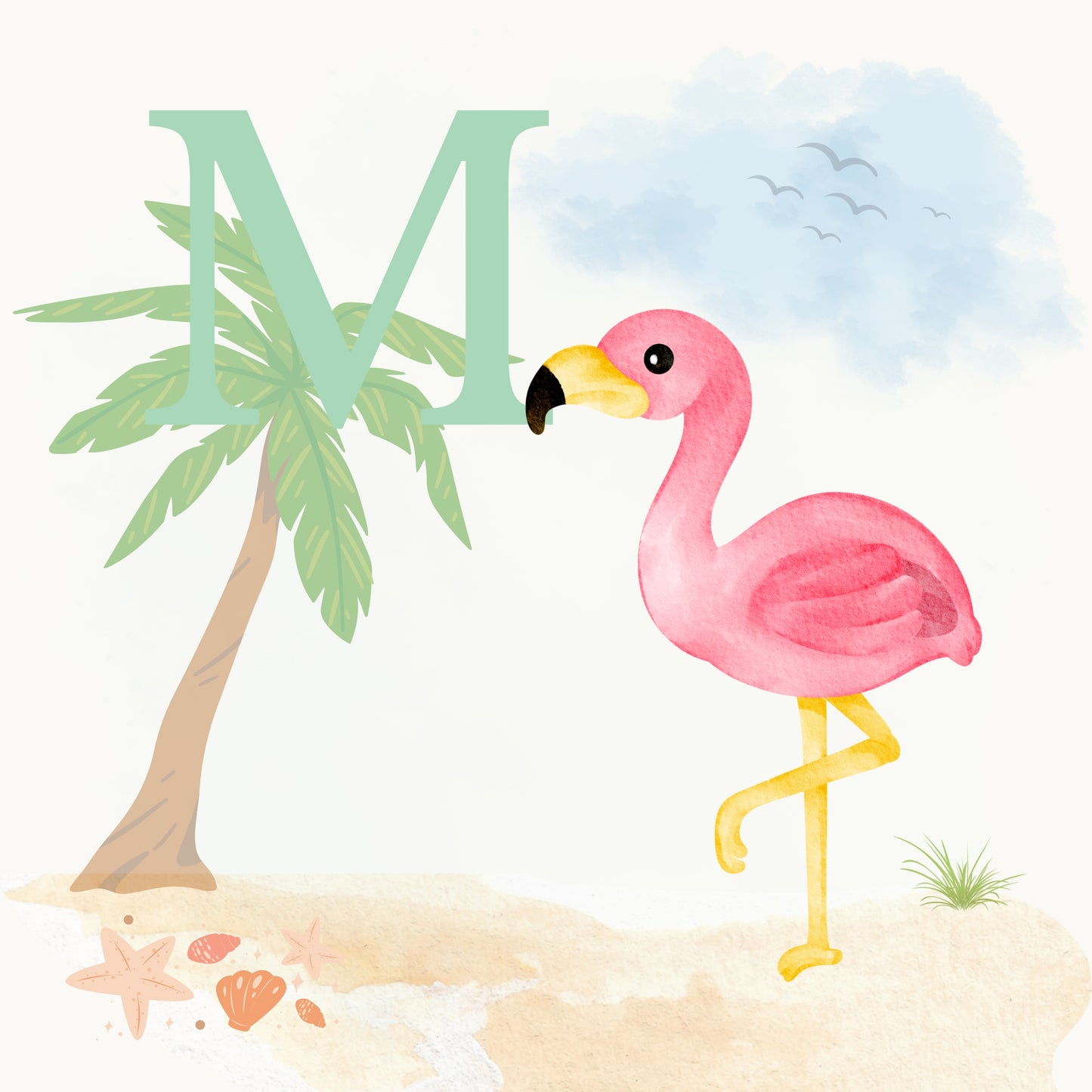 Flamingo Coastal Alphabet Printable Art - Green