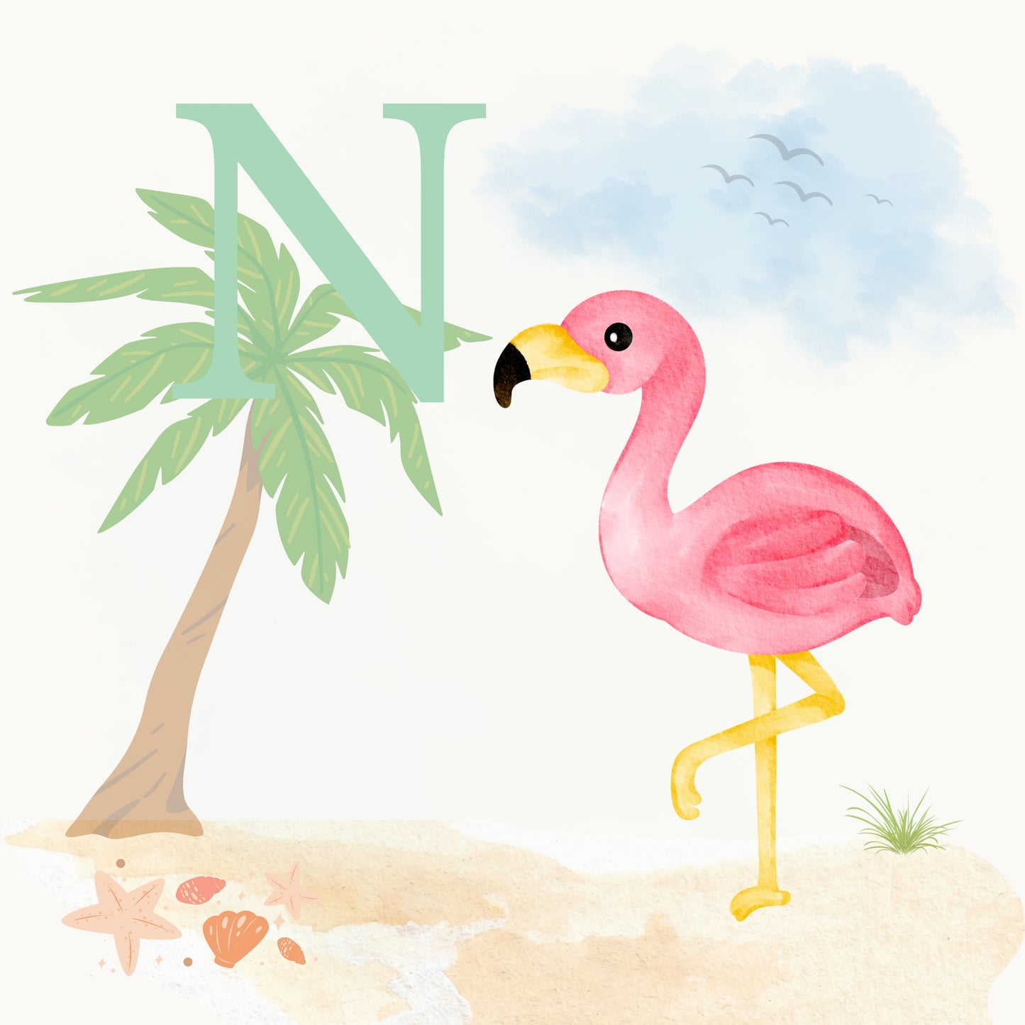 Flamingo Coastal Alphabet Printable Art - Green