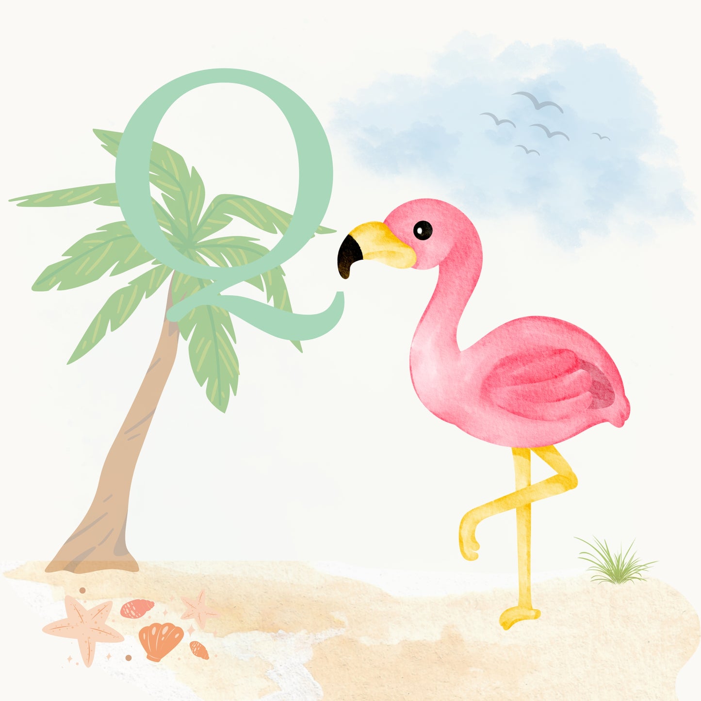 Flamingo Coastal Alphabet Printable Art - Green