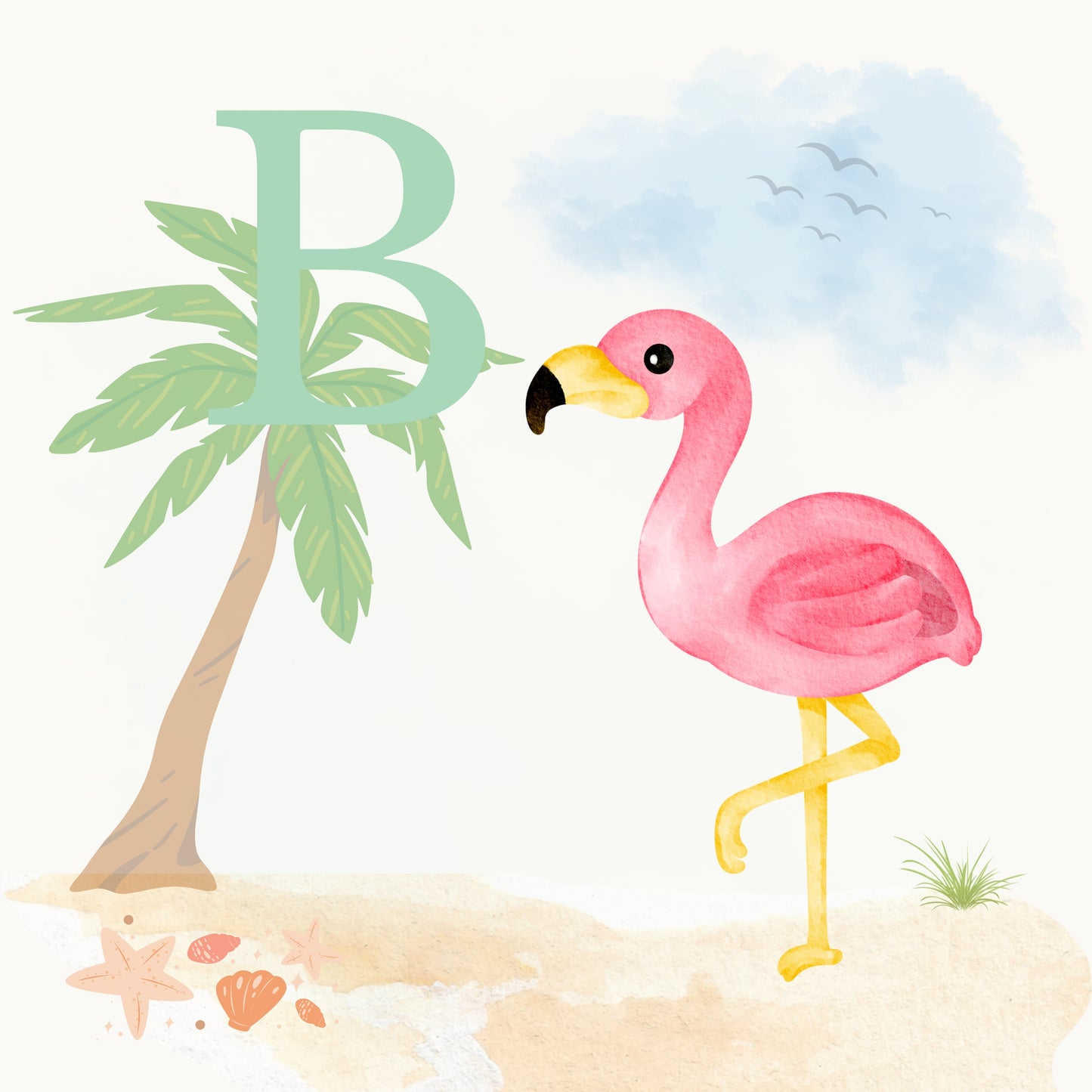 Flamingo Coastal Alphabet Printable Art - Green