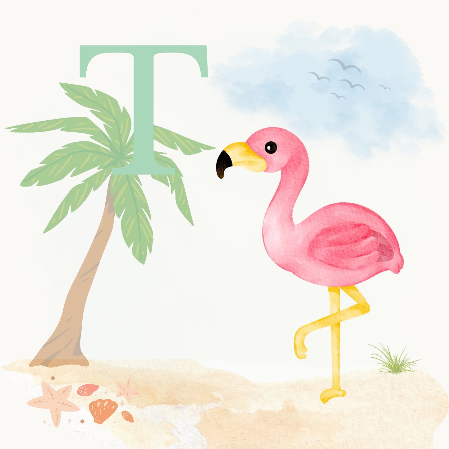 Flamingo Coastal Alphabet Printable Art - Green