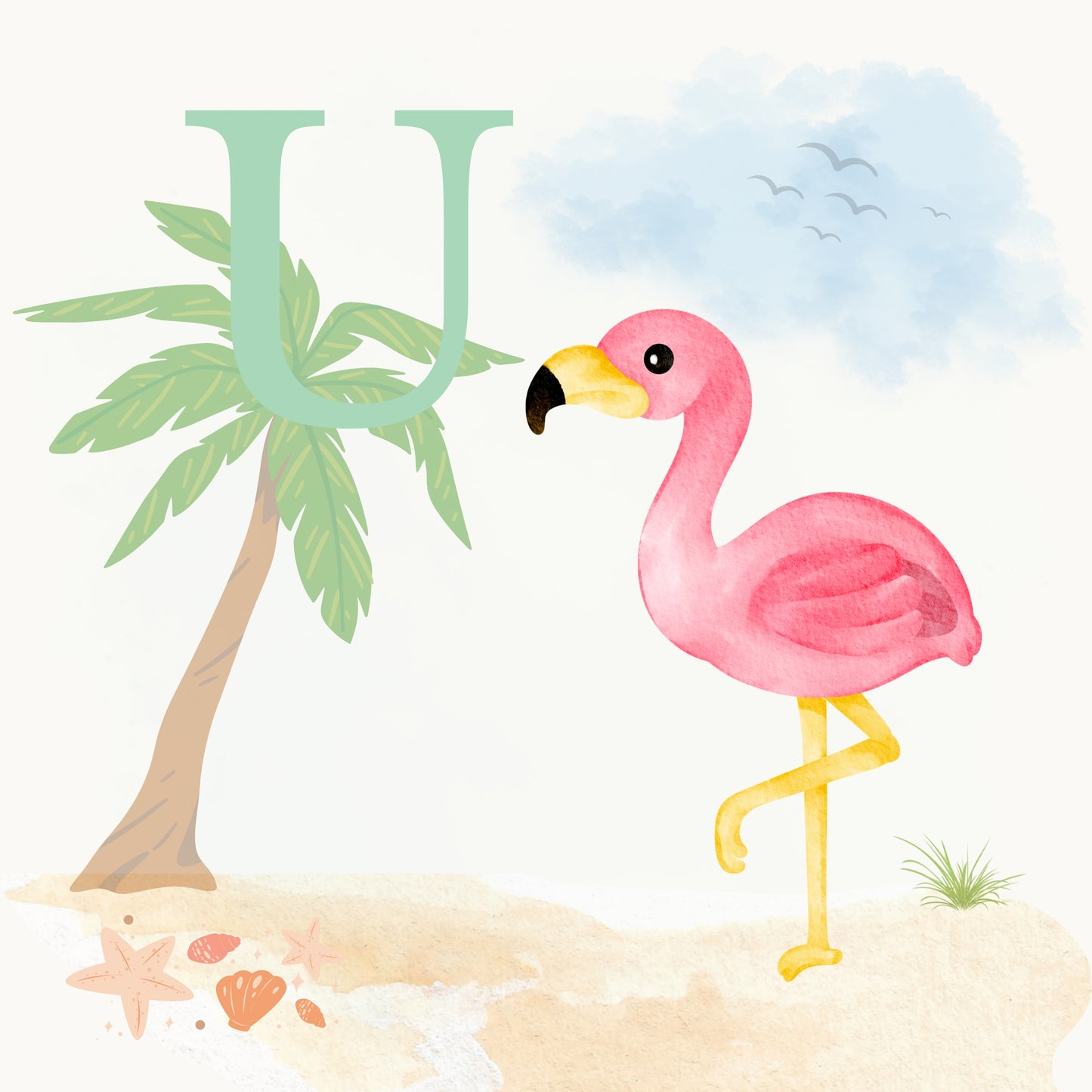 Flamingo Coastal Alphabet Printable Art - Green