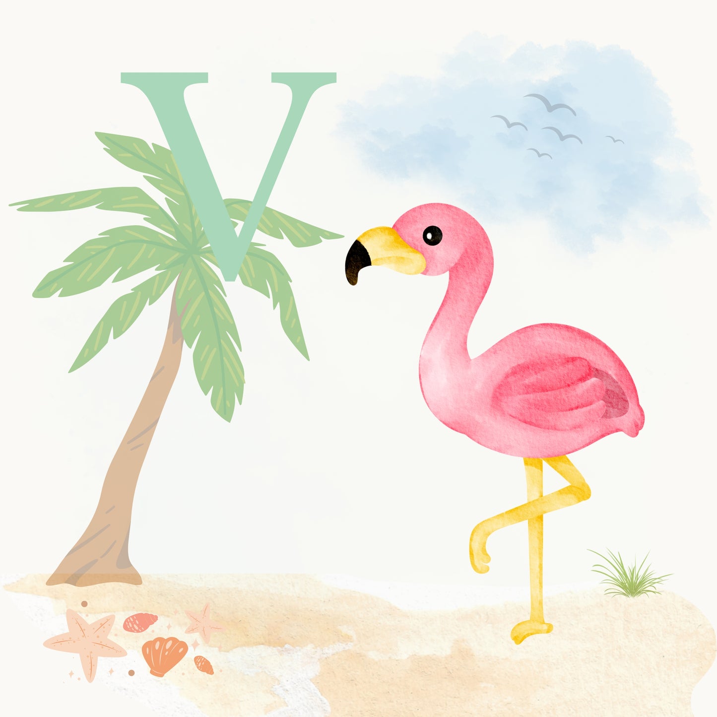 Flamingo Coastal Alphabet Printable Art - Green