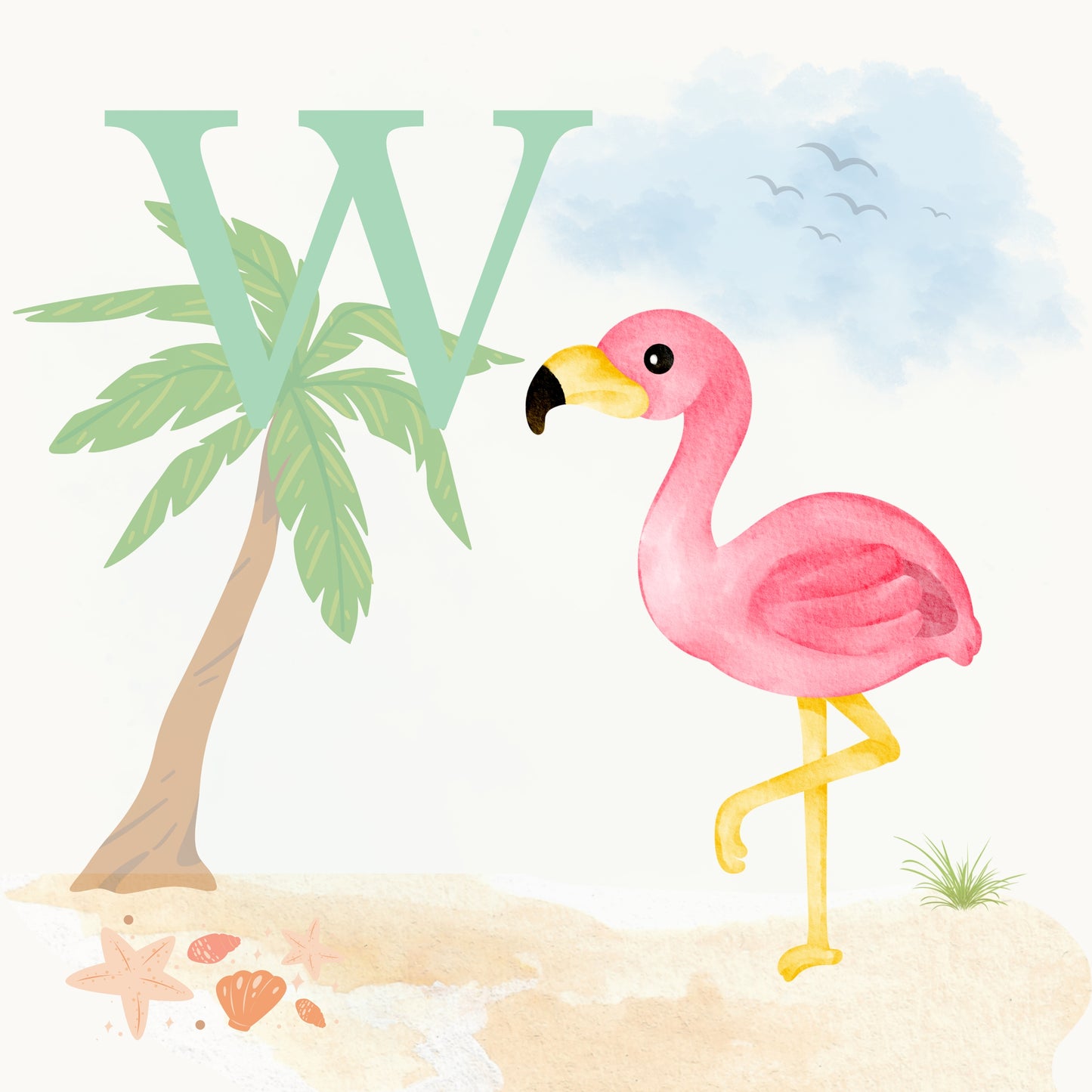 Flamingo Coastal Alphabet Printable Art - Green