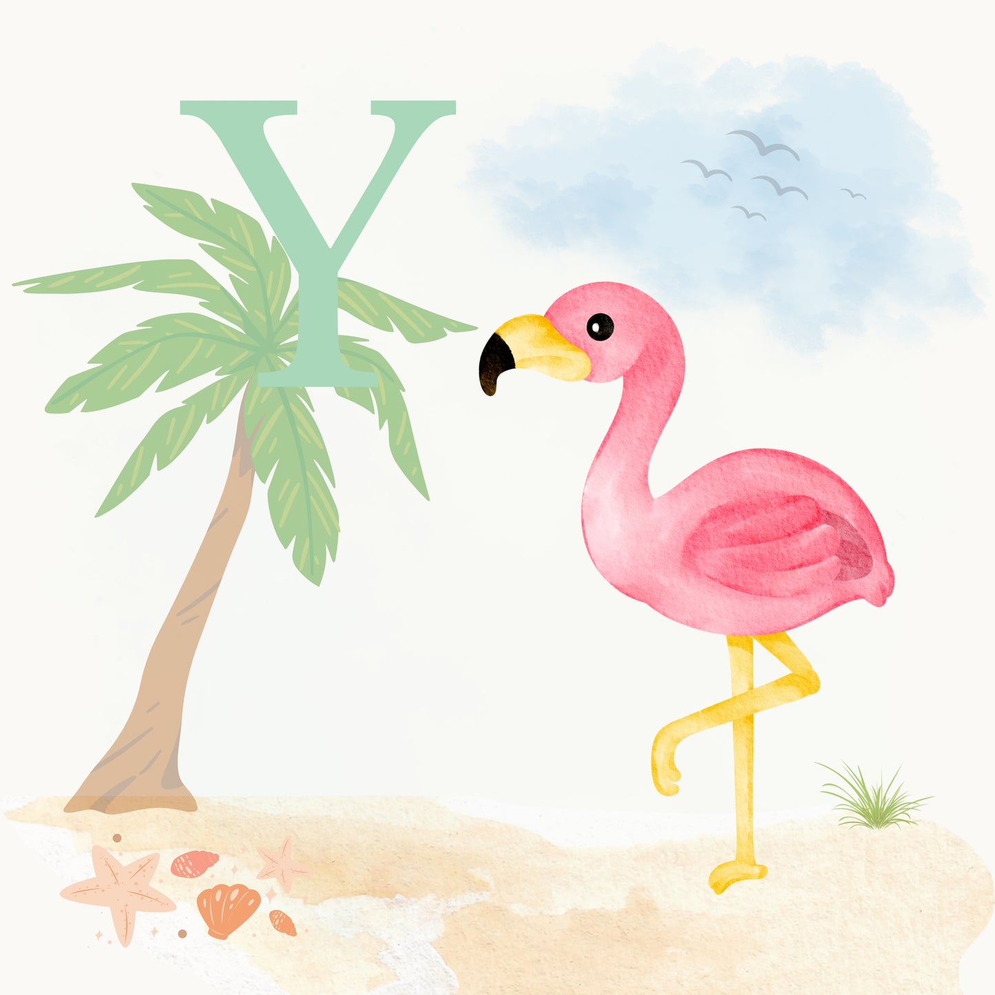 Flamingo Coastal Alphabet Printable Art - Green