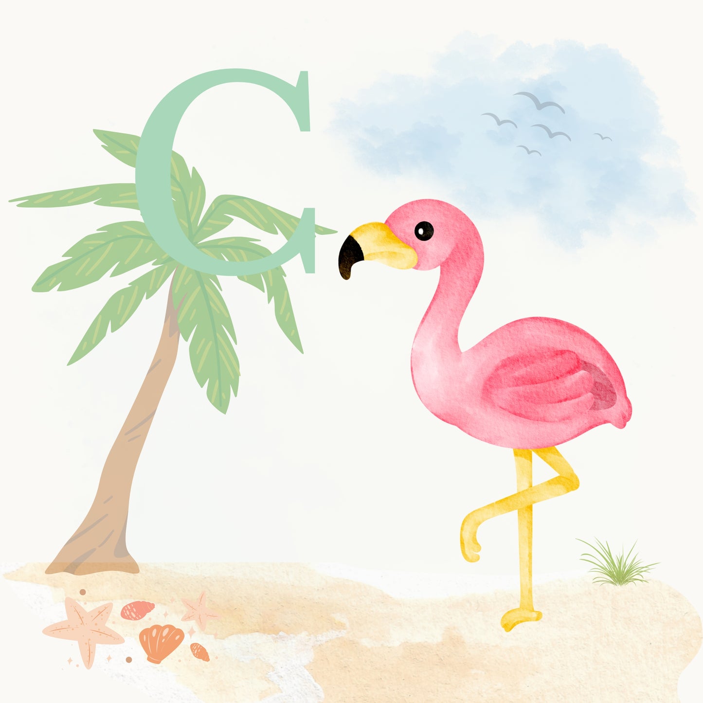 Flamingo Coastal Alphabet Printable Art - Green