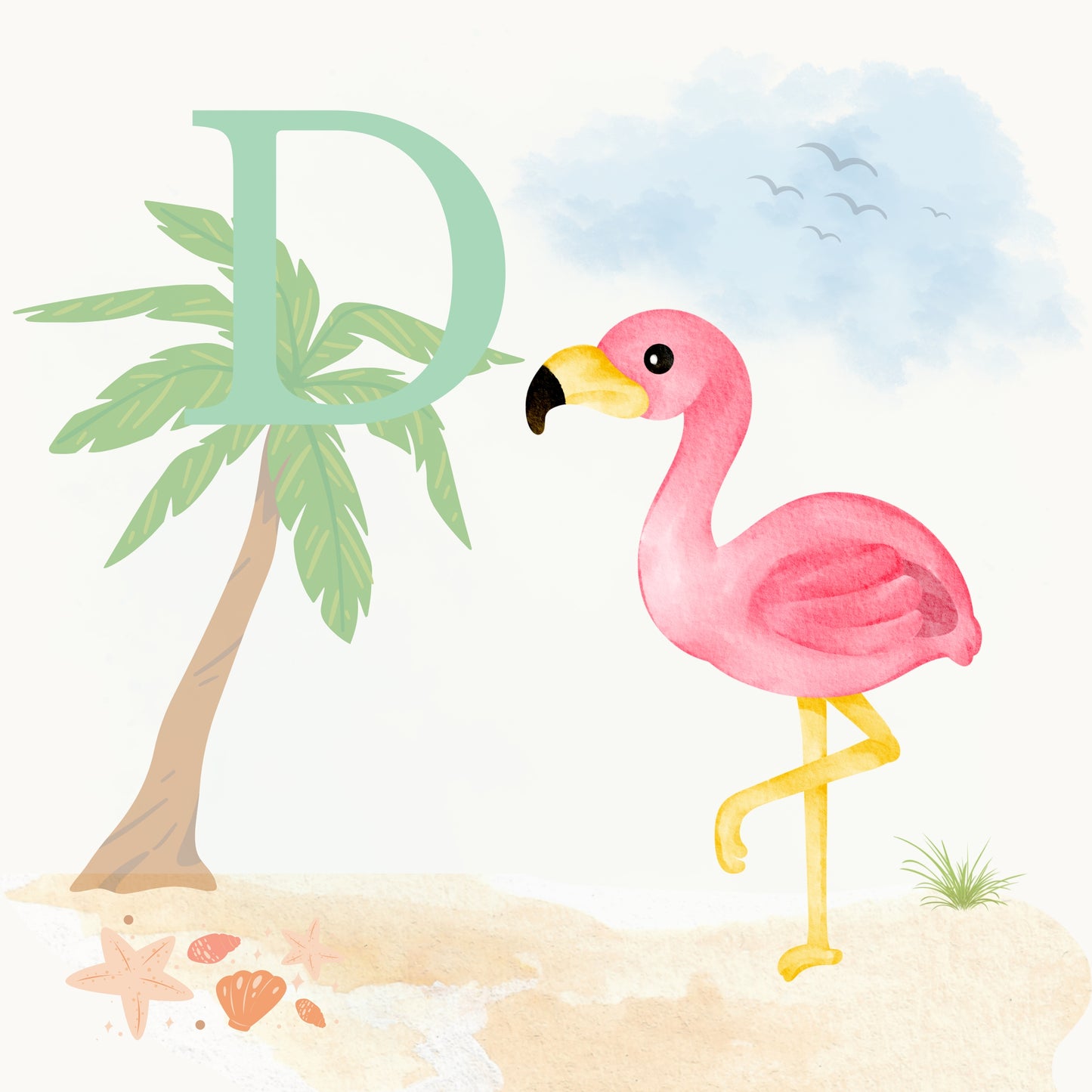 Flamingo Coastal Alphabet Printable Art - Green