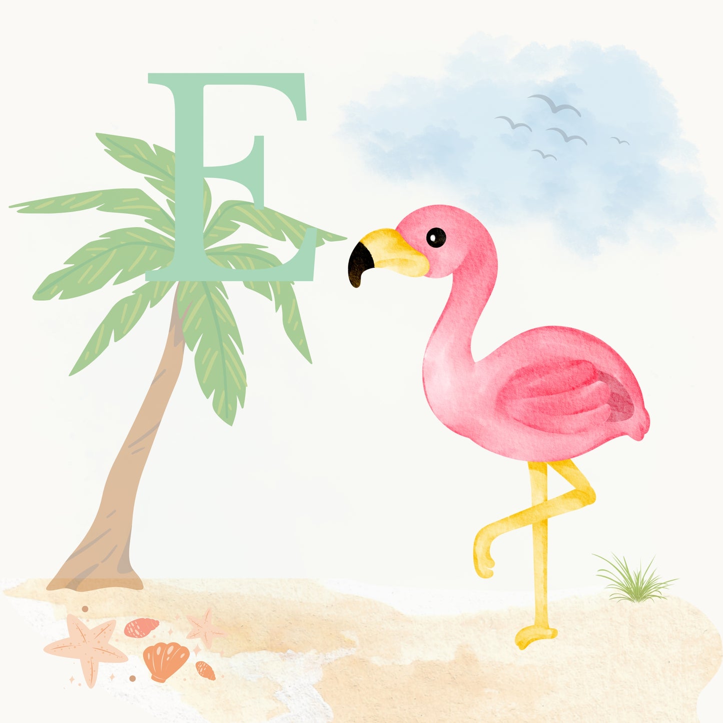 Flamingo Coastal Alphabet Printable Art - Green