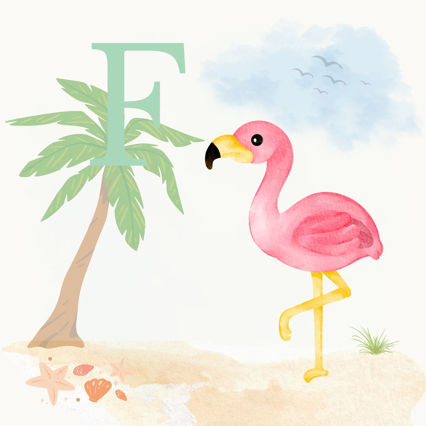 Flamingo Coastal Alphabet Printable Art - Green