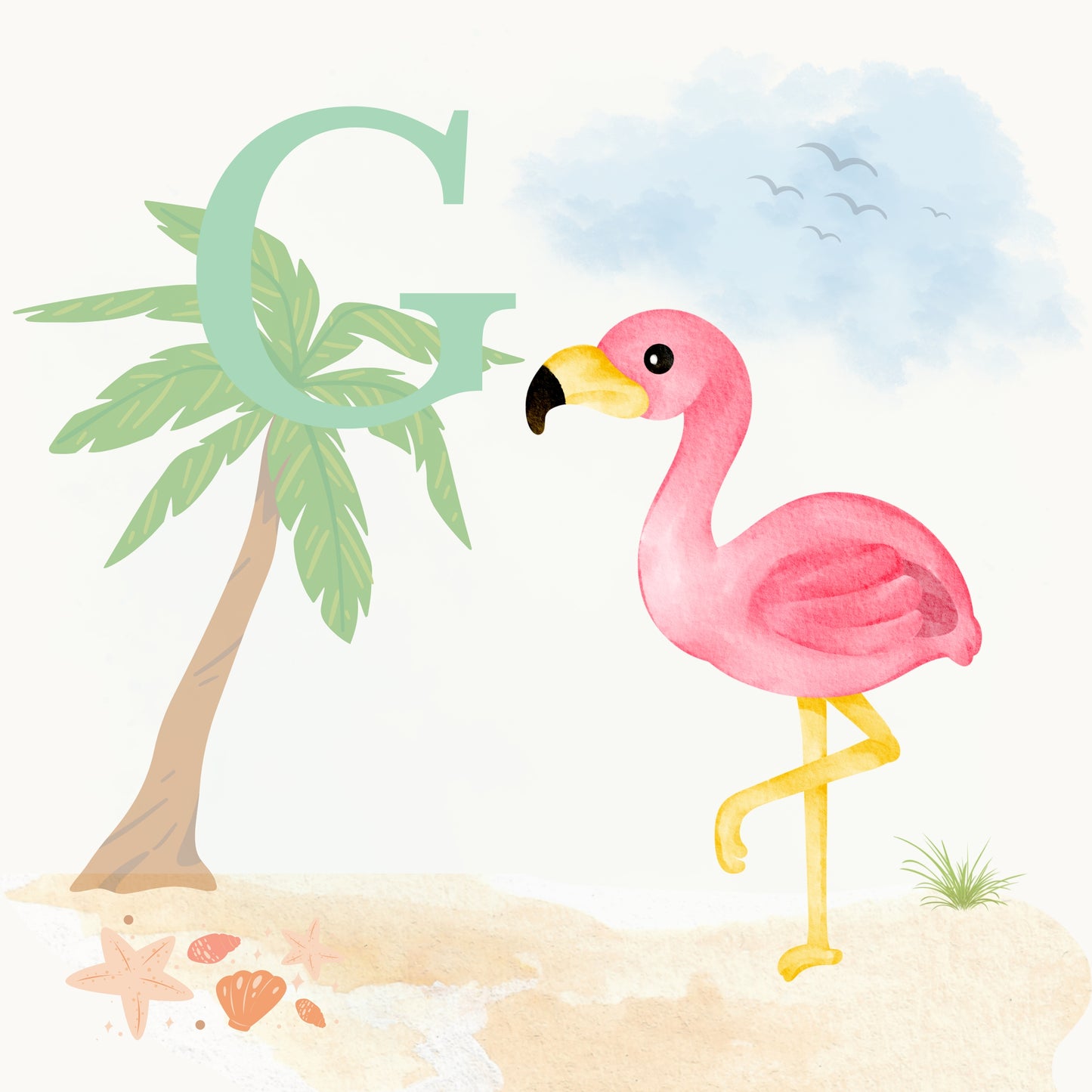 Flamingo Coastal Alphabet Printable Art - Green