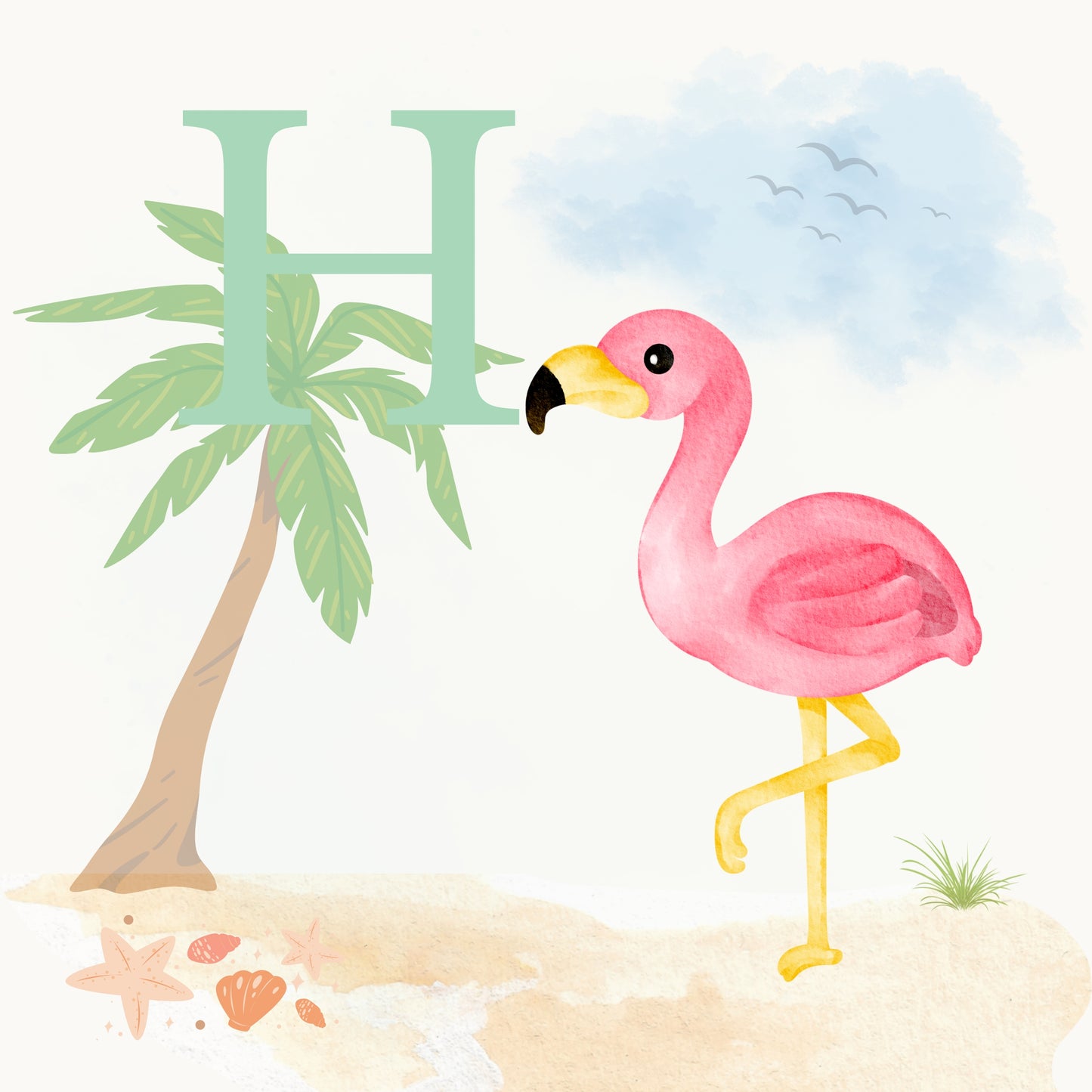 Flamingo Coastal Alphabet Printable Art - Green