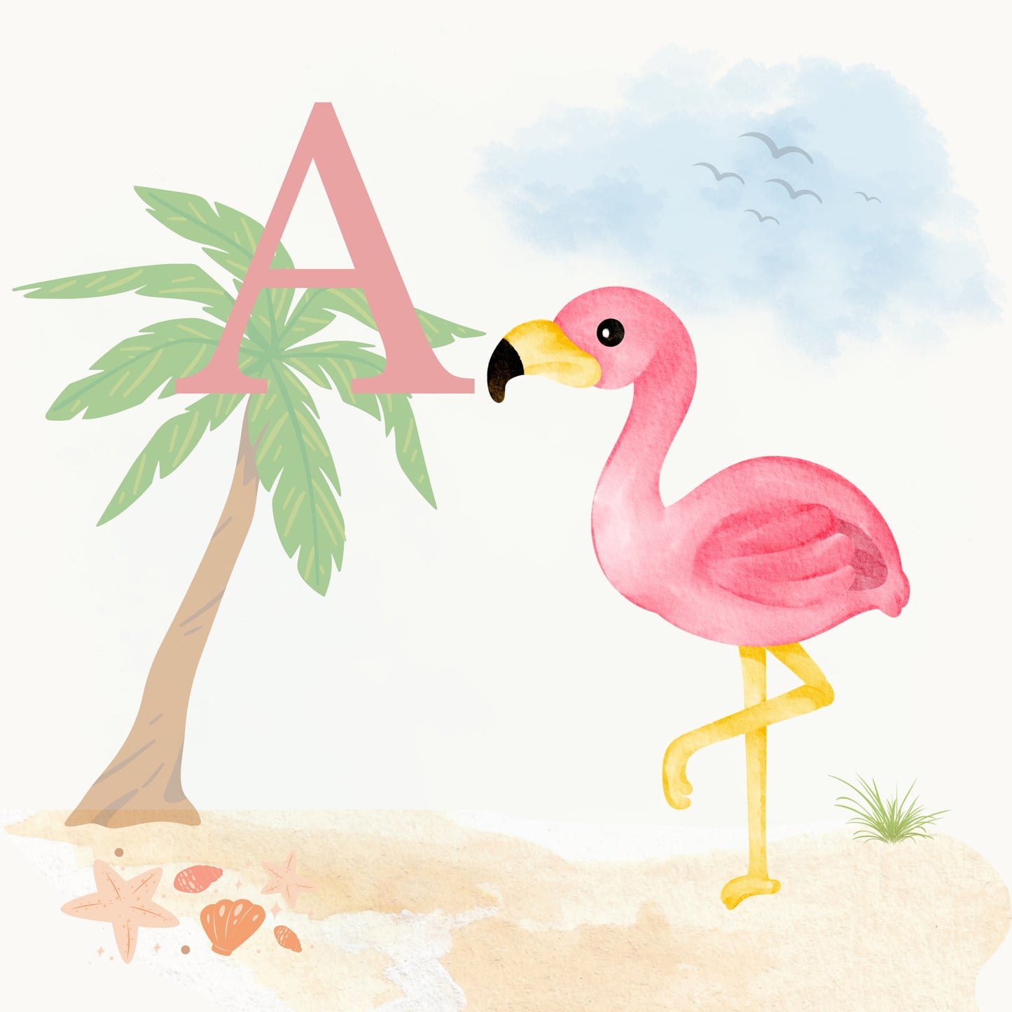 Flamingo Coastal Alphabet Printable Art - Pink