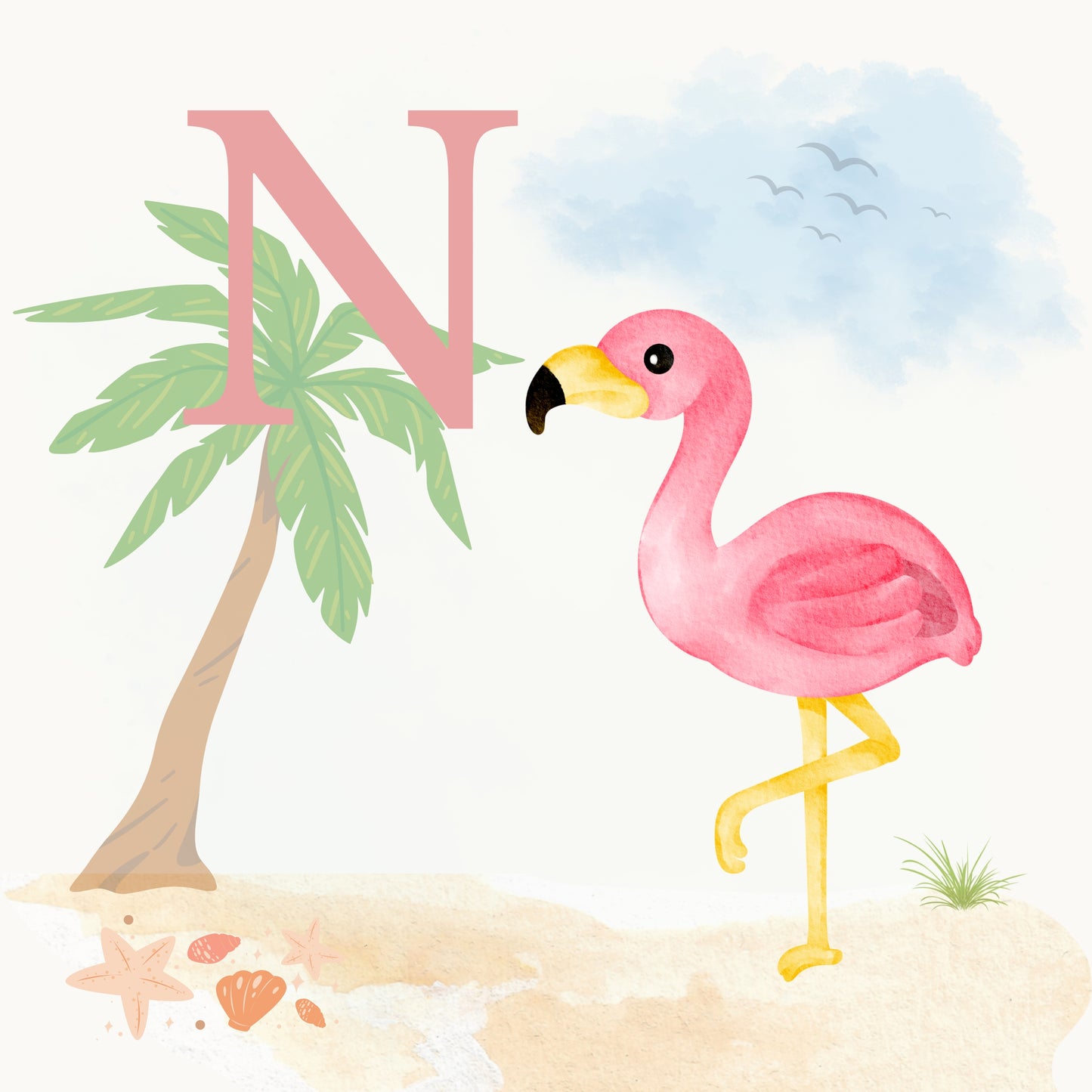 Flamingo Coastal Alphabet Printable Art - Pink