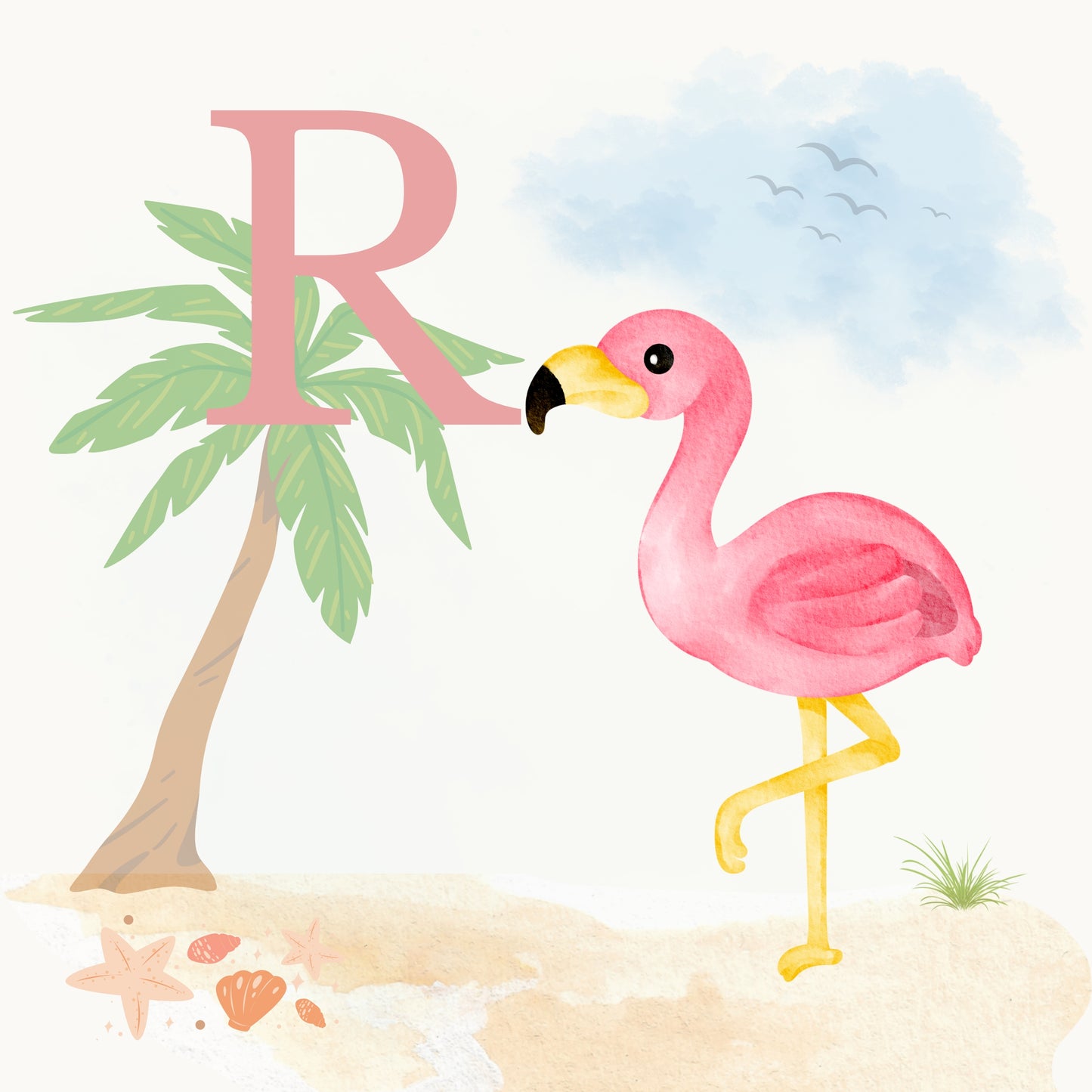 Flamingo Coastal Alphabet Printable Art - Pink