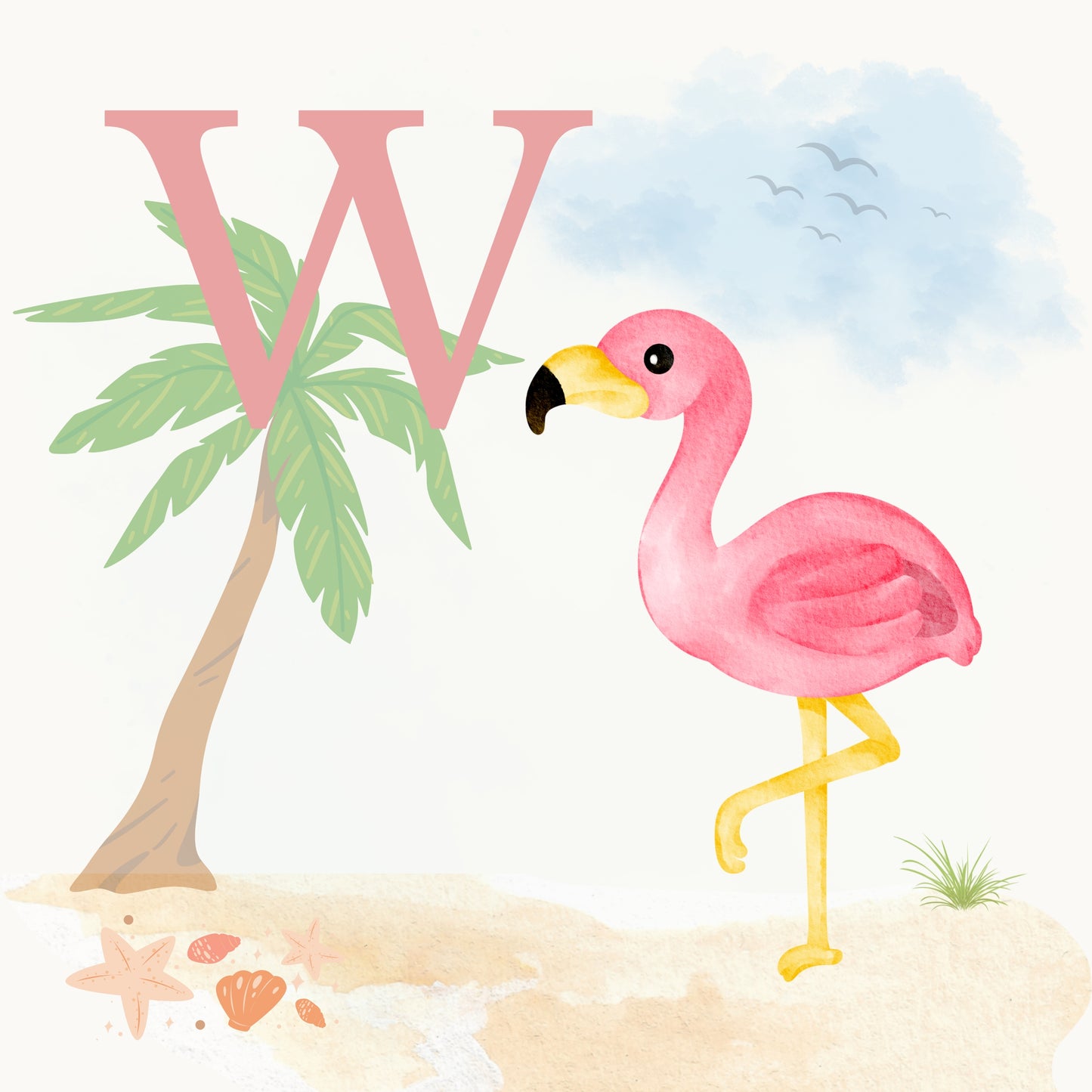 Flamingo Coastal Alphabet Printable Art - Pink
